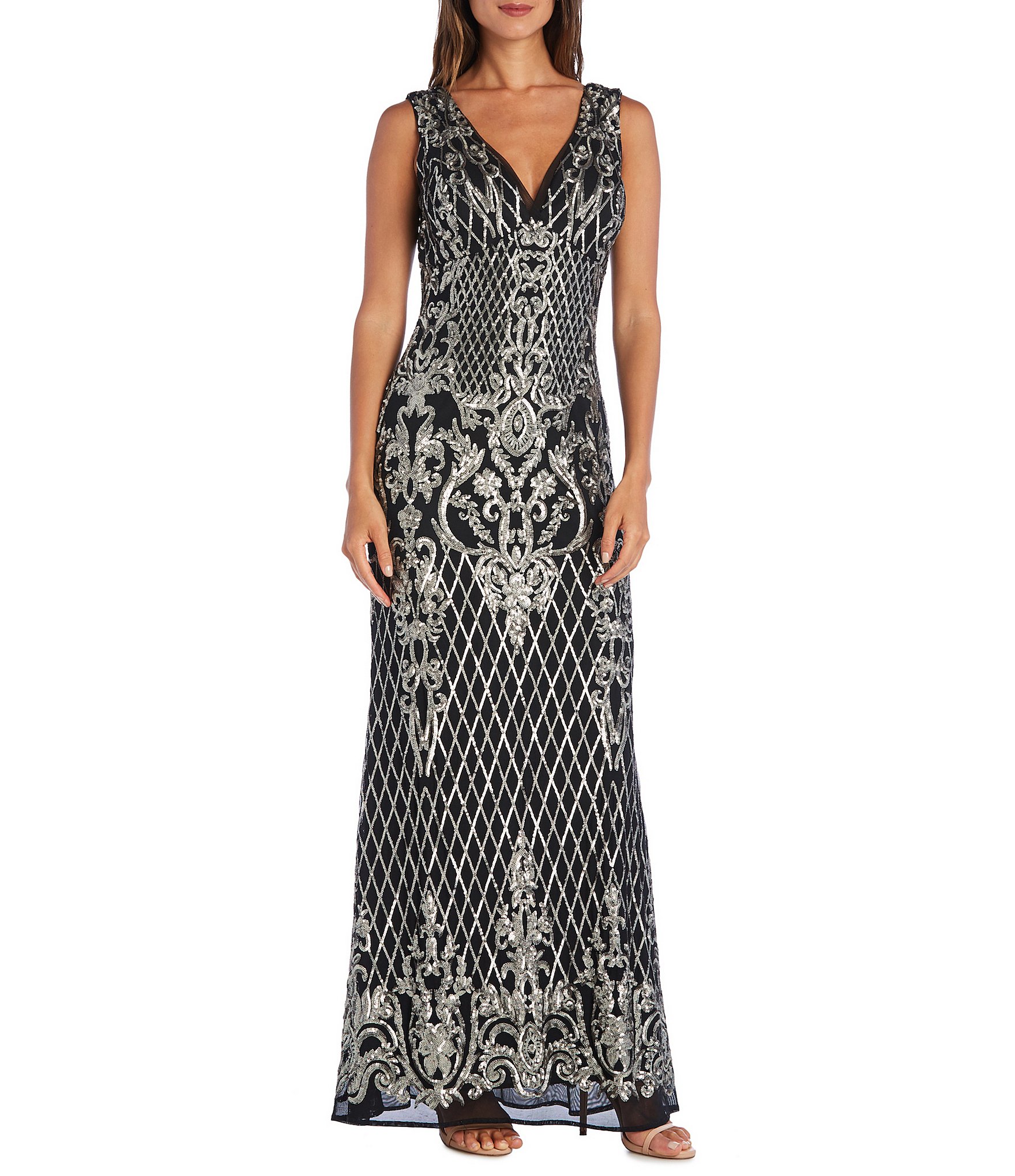 R & M Richards Sleeveless V-Neck Sequin Embroidered Dress | Dillard's