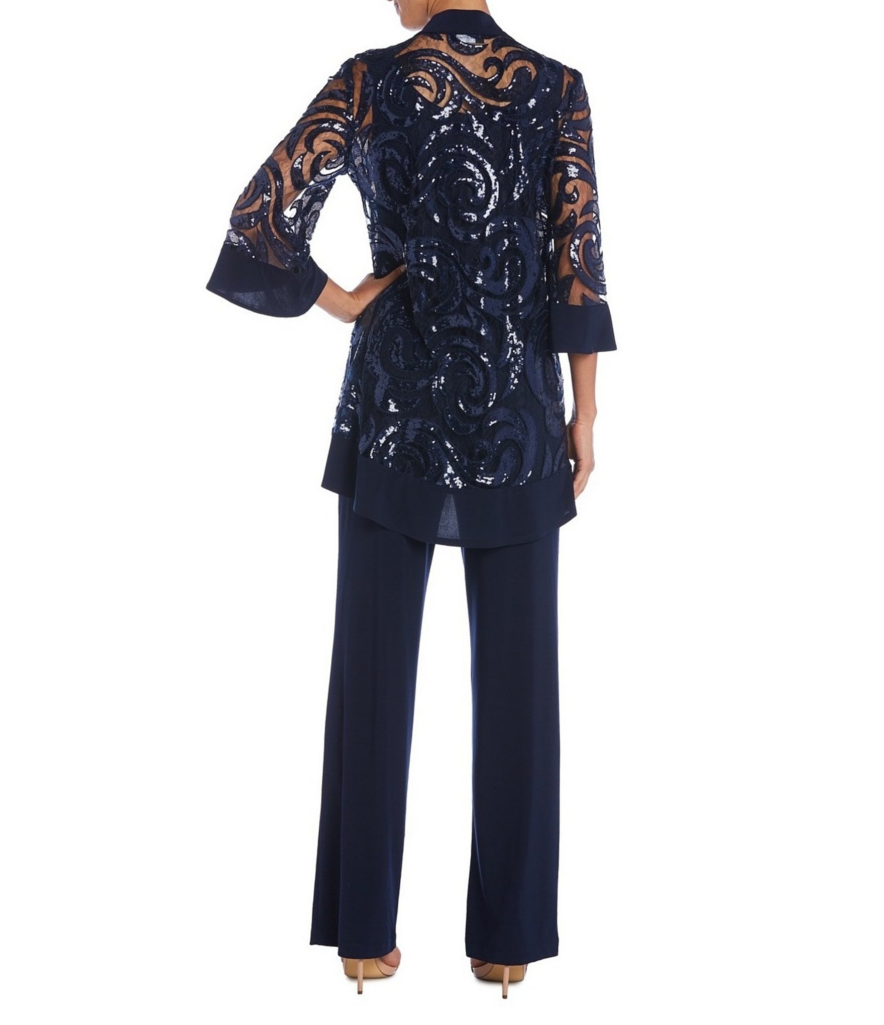 R & M Richards Swirl Sequin Scoop Neck 3/4 Sleeve Jacket 2-Piece Twinset