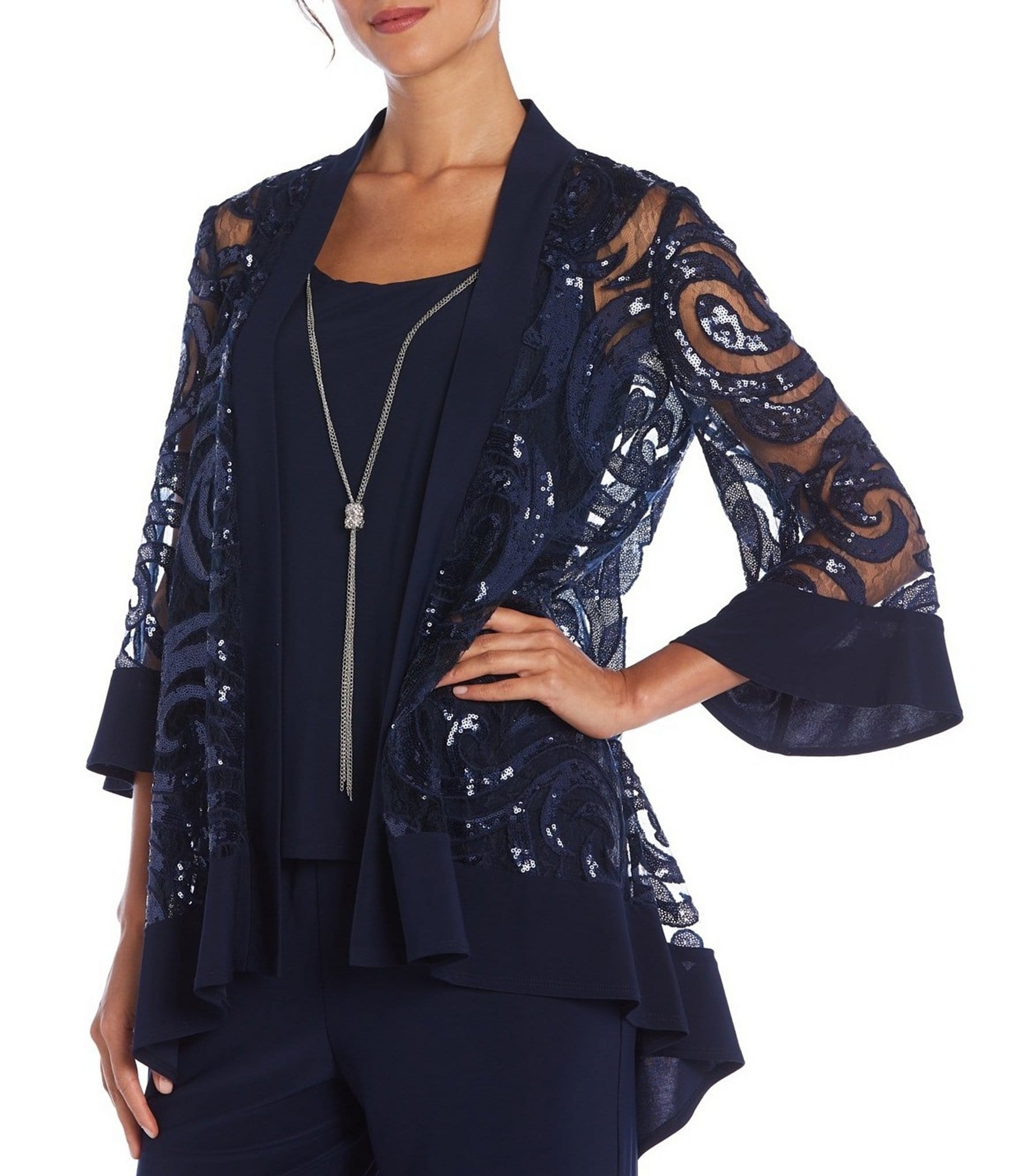 R & M Richards Swirl Sequin Scoop Neck 3/4 Sleeve Jacket 3-Piece Set
