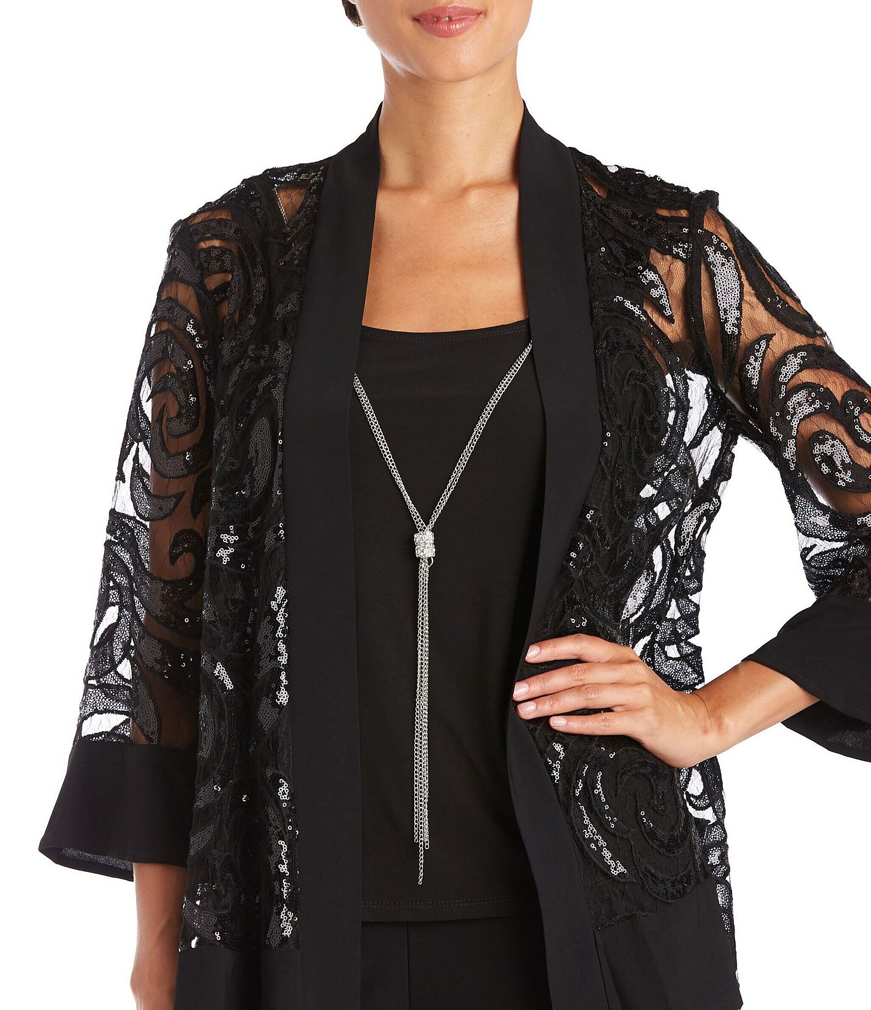R & M Richards Swirl Sequin Scoop Neck 3/4 Sleeve Jacket 3-Piece Set