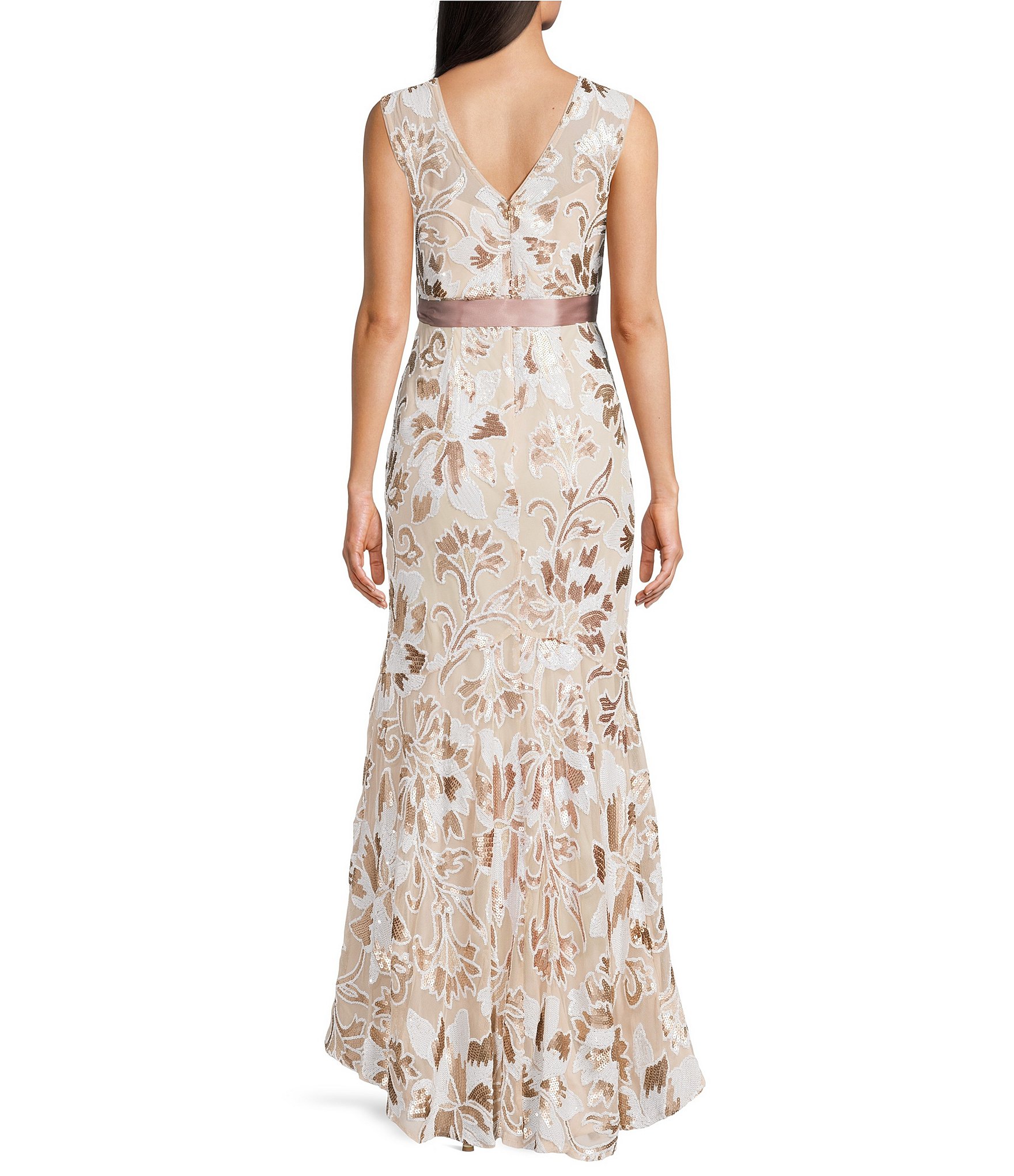 R & M Richards Two Tone Floral Print Embroidered Sequin Sleeveless Mermaid Gown