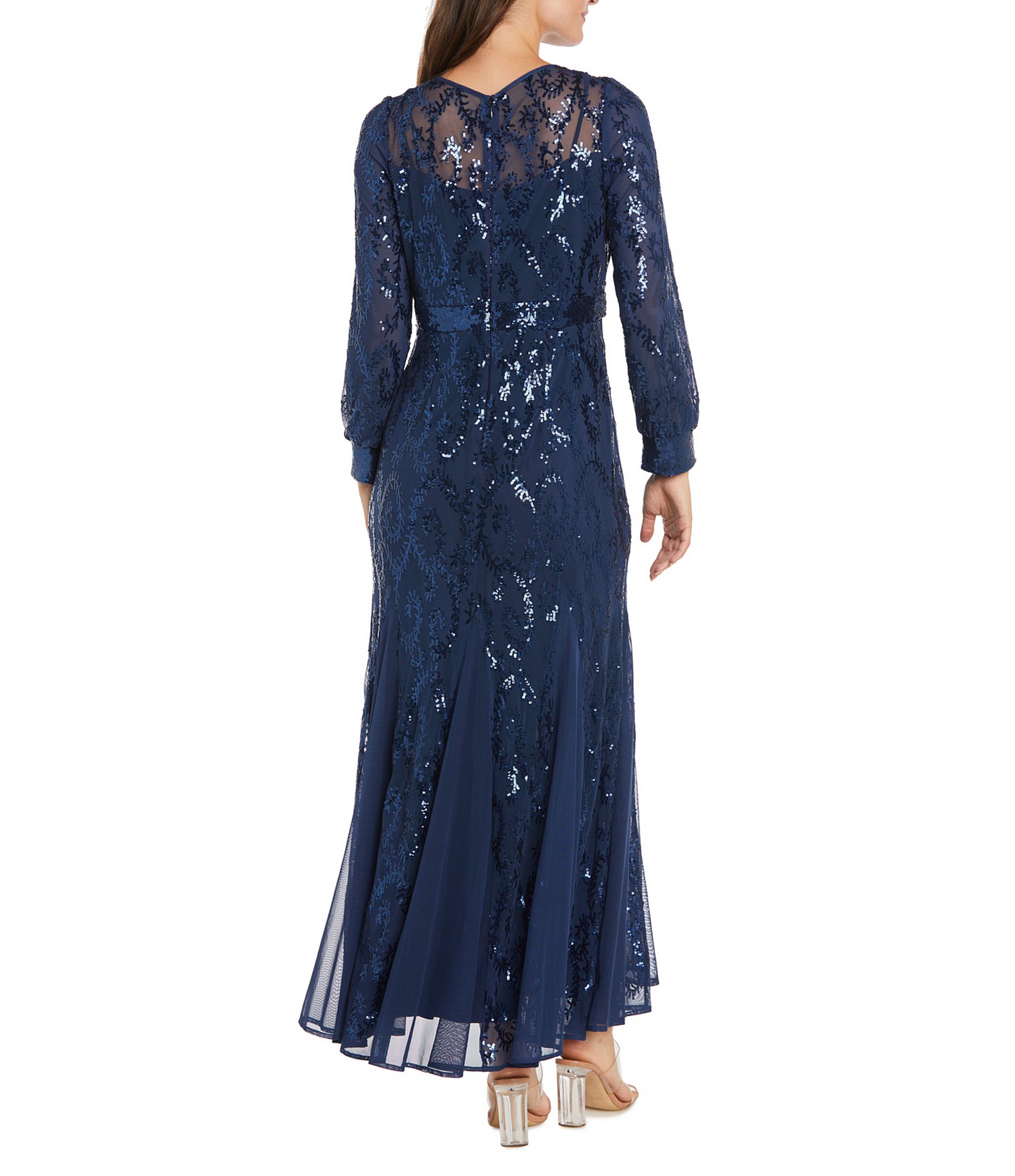 R & M Richards V-Neck Long Sleeve Embroidered Sequin Mesh Gown