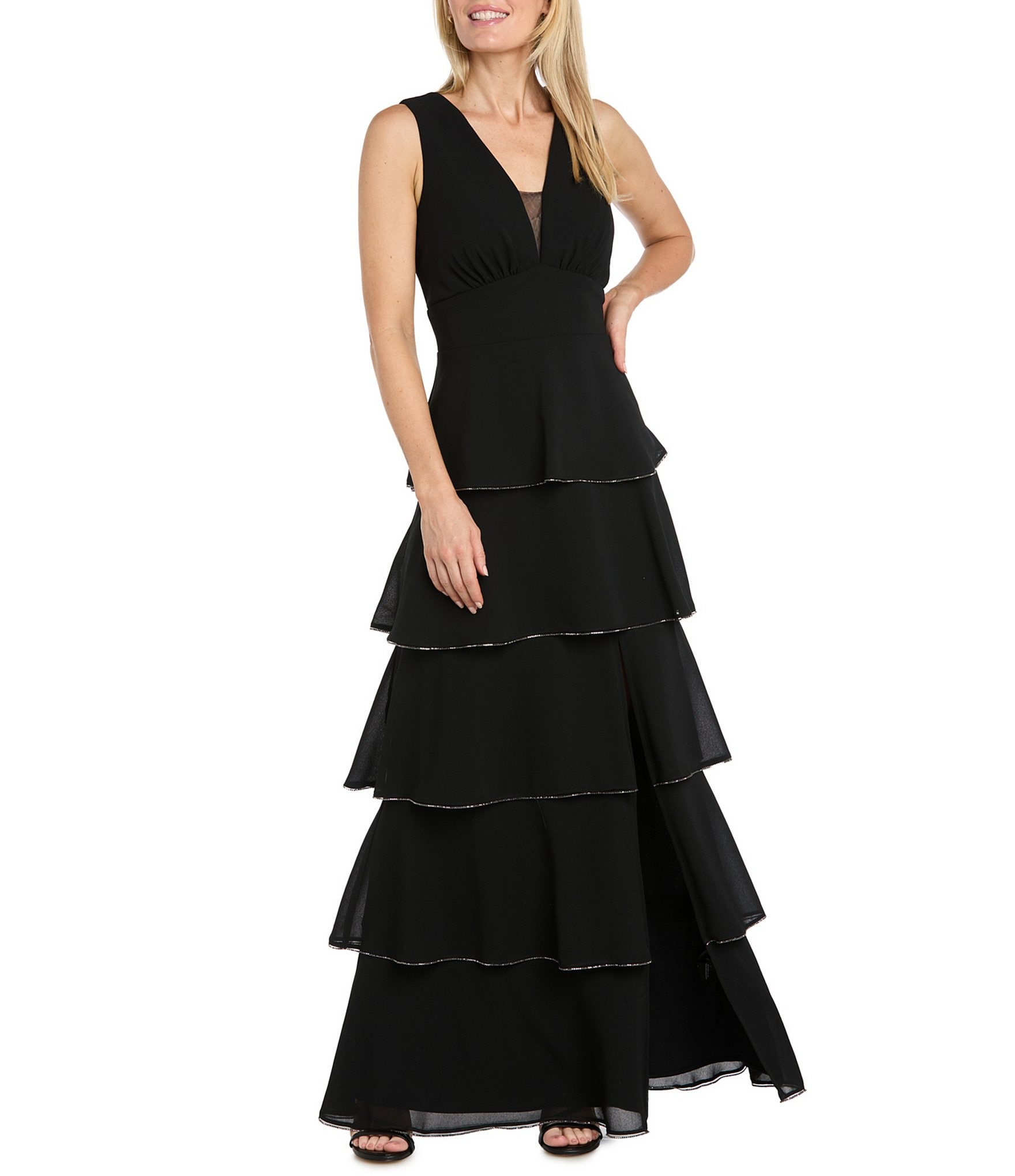 R & M Richards V-Neck Tiered Rhinestone Trim Gown