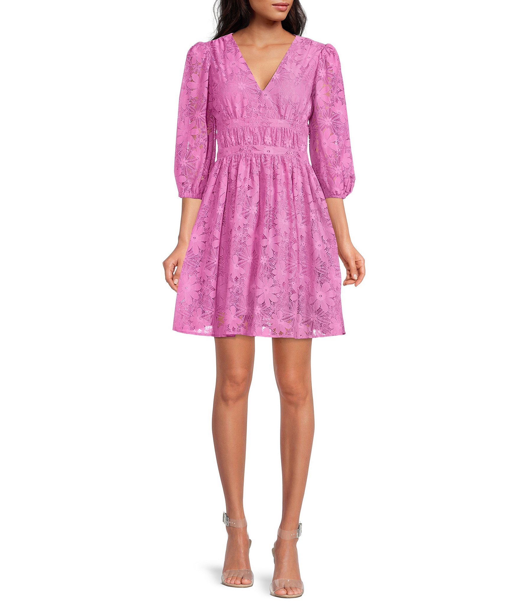 Rachel Parcell Floral Lace V-Neck 3/4 Blouson Sleeve A-Line Dress ...
