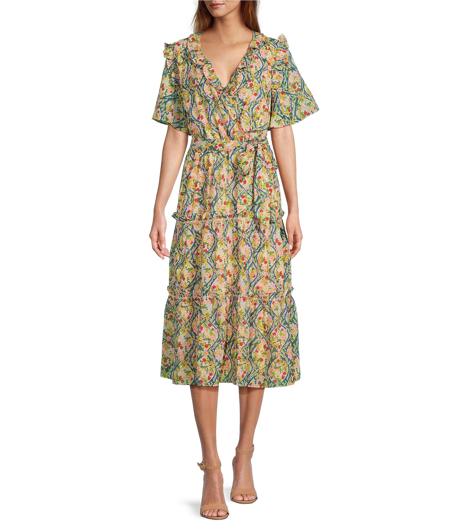 Rachel Parcell Floral Print V-Neck Short Sleeve A-Line Midi Dress ...