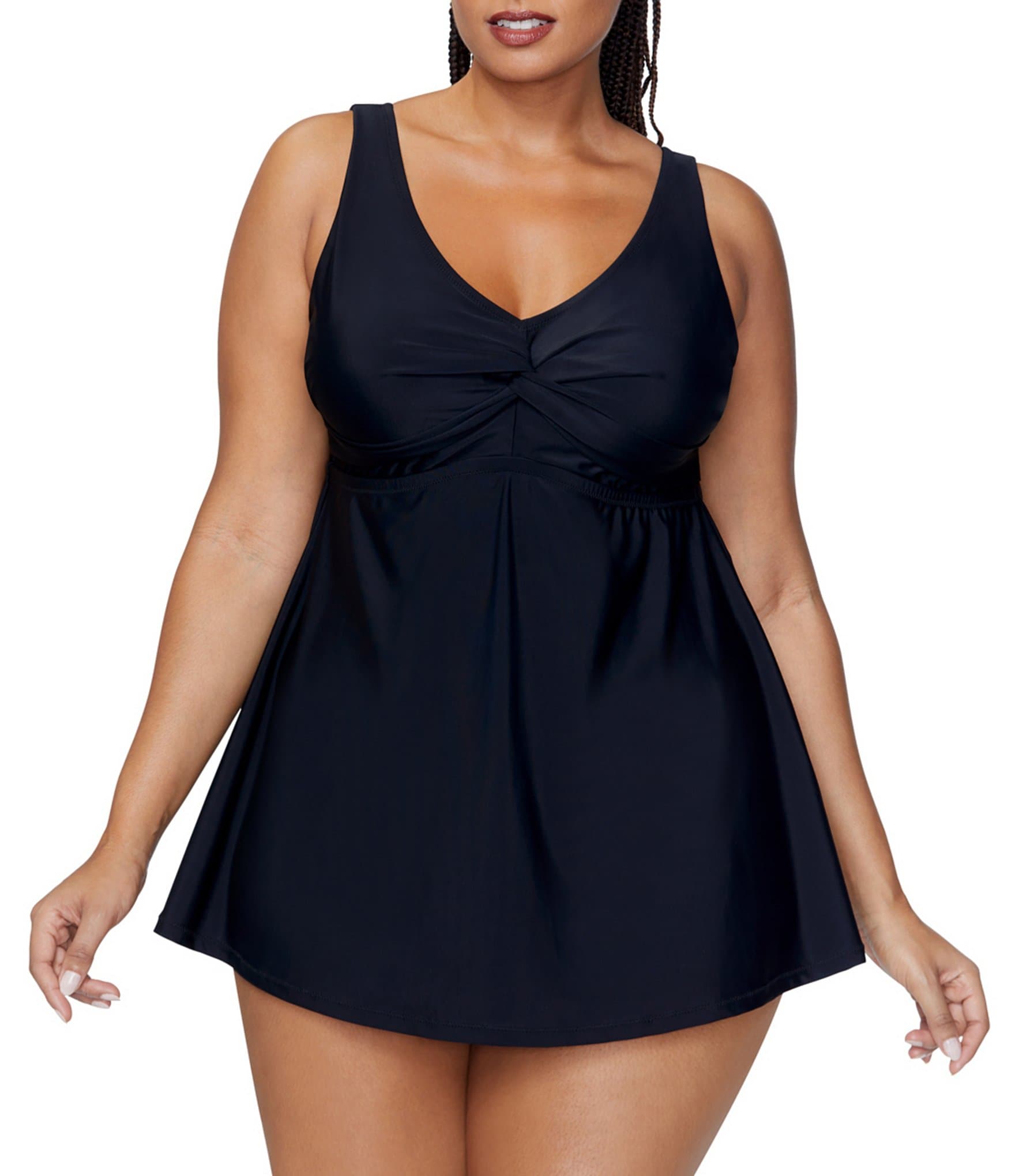 Raisins Curve Plus Size Tranquilo Solid Twist Front V-Neck Tummy Control  One-Piece Swim Dress | Dillard's