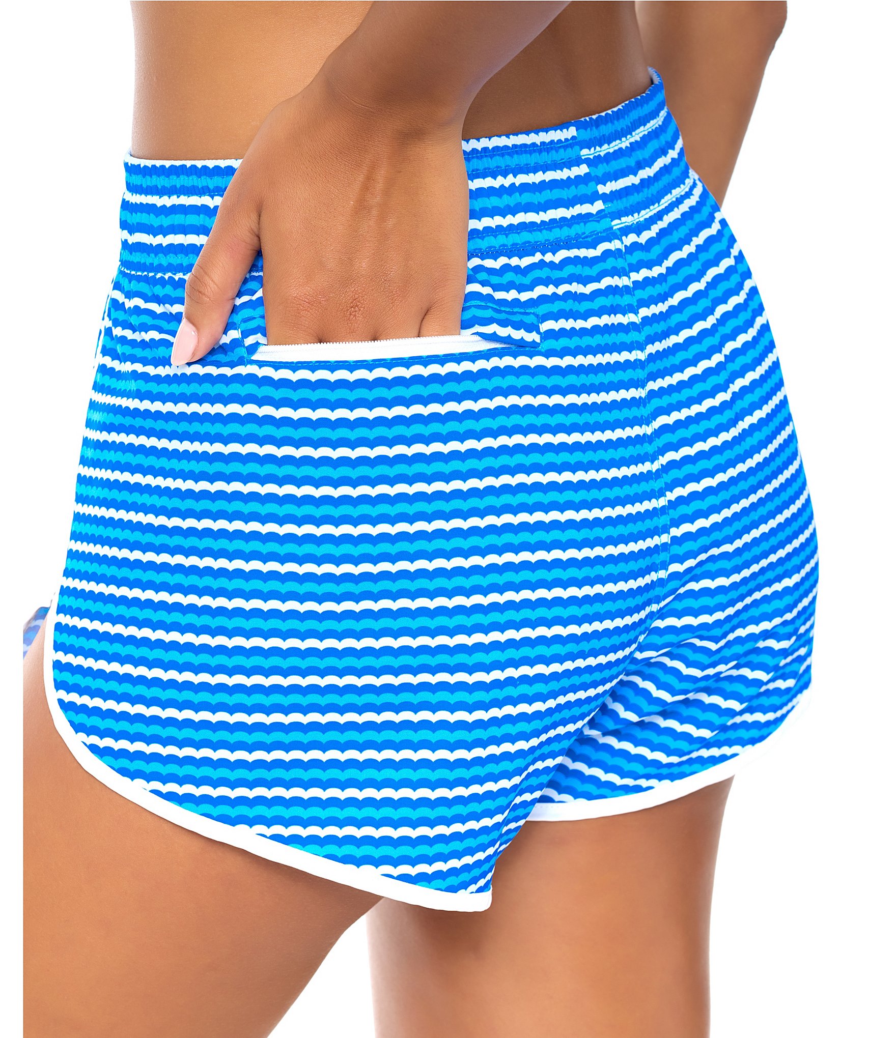Raisins Scallop Texture Stripe Pull-On Boardshort Swim Cover-Up