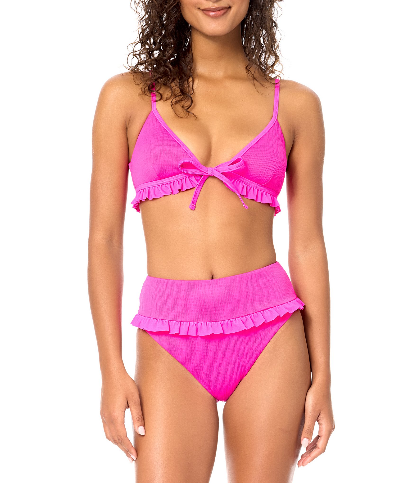 Raisins Smocking Solid Textured Shaye High Waist Ruffle Swim Bottom