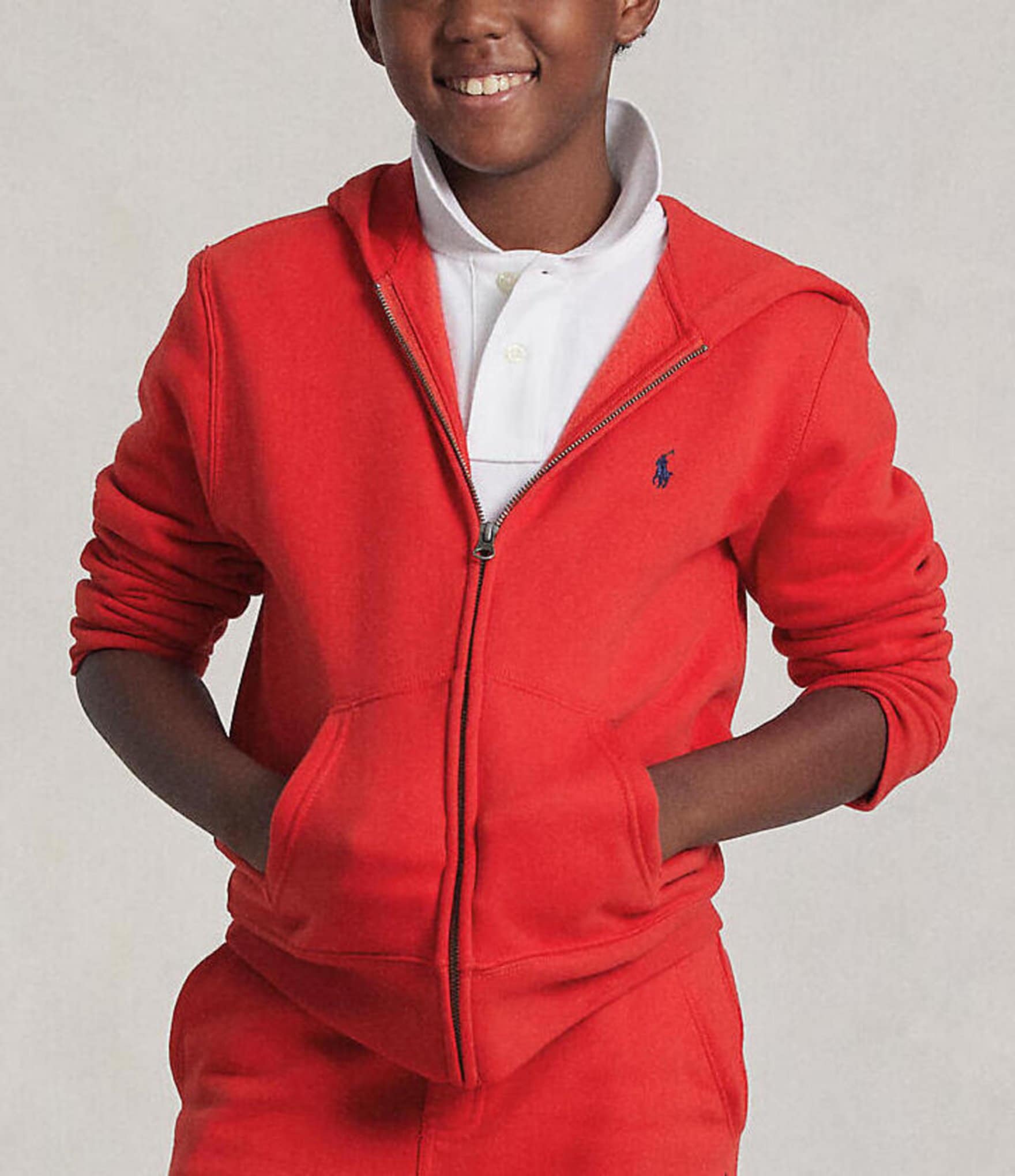 Buy > red zip up polo hoodie > in stock