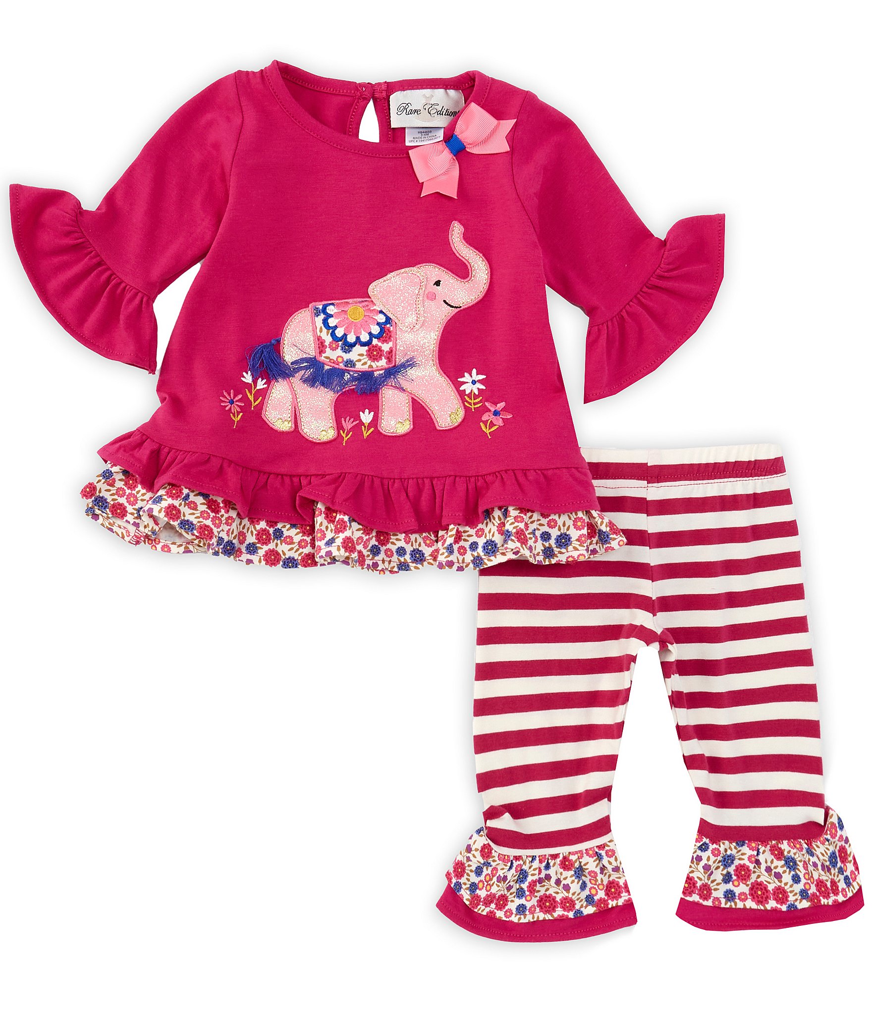 Rare Editions Baby Girls 3-24 Months 3/4 Sleeve Elephant Applique Tunic Top & Striped Leggings Set