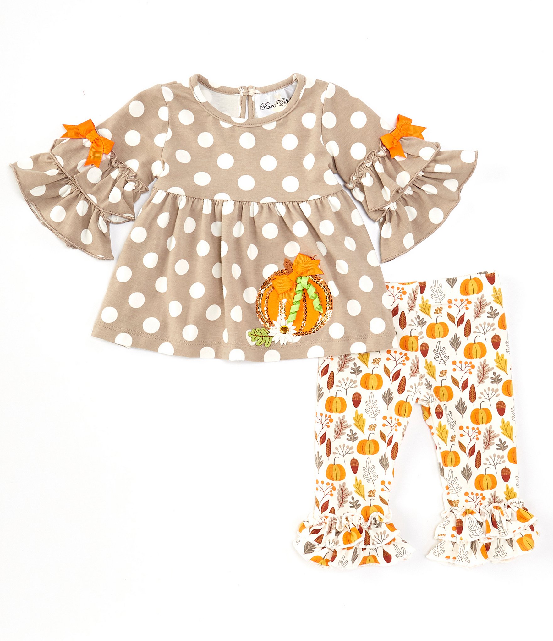 Rare Editions Baby Girls 3-24 Months Large-Dot Pumpkin Appliqued Tunic Top & Allover Mixed-Media Printed Leggings Set