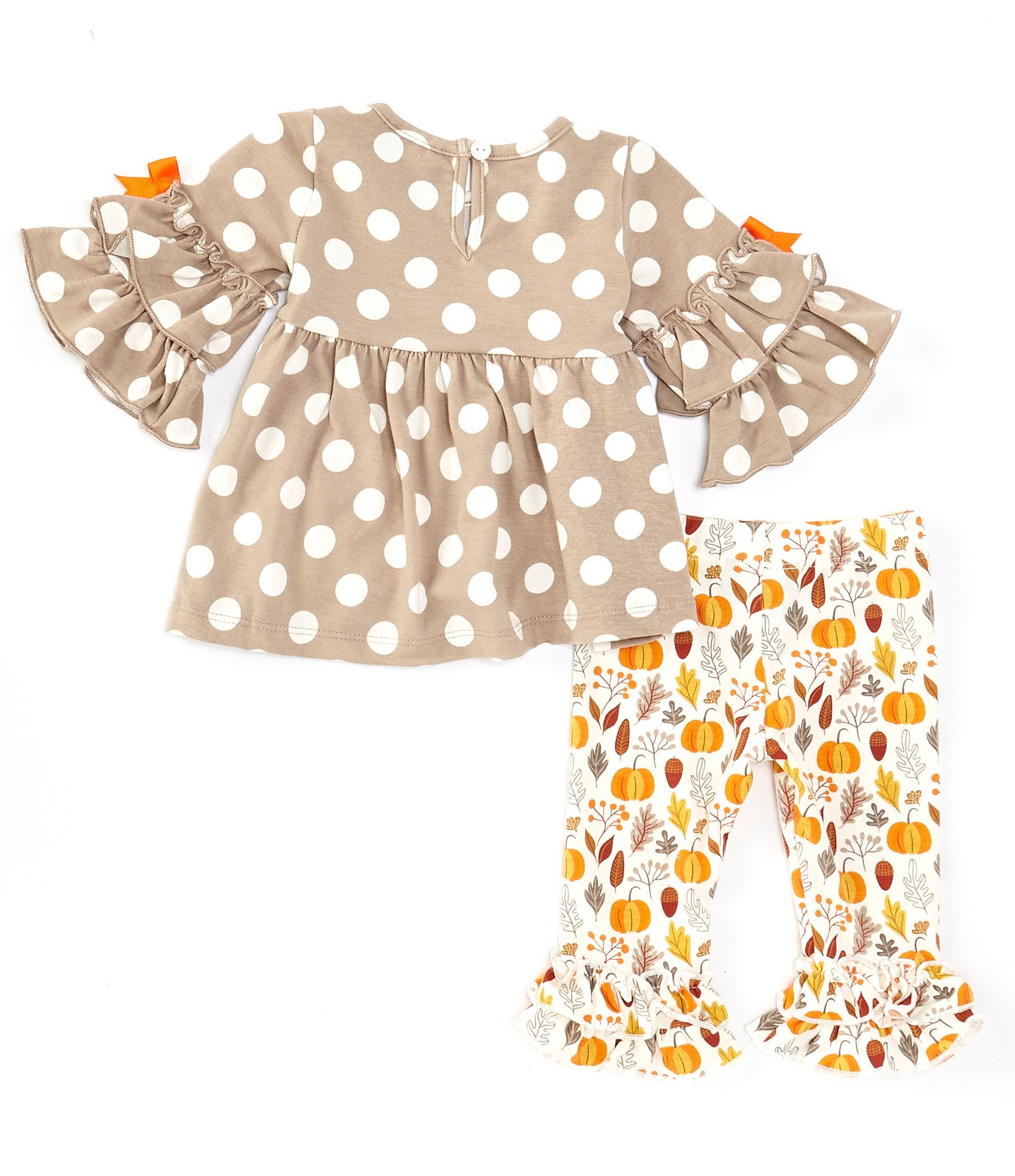 Rare Editions Baby Girls 3-24 Months Large-Dot Pumpkin Appliqued Tunic Top & Allover Mixed-Media Printed Leggings Set