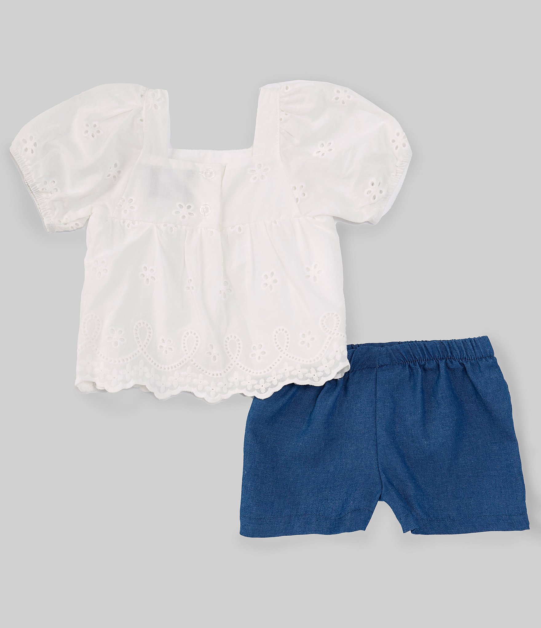 Rare Editions Baby Girls 3-24 Months Short Puff Sleeve Scalloped Eyelet Top & Jean Short Set