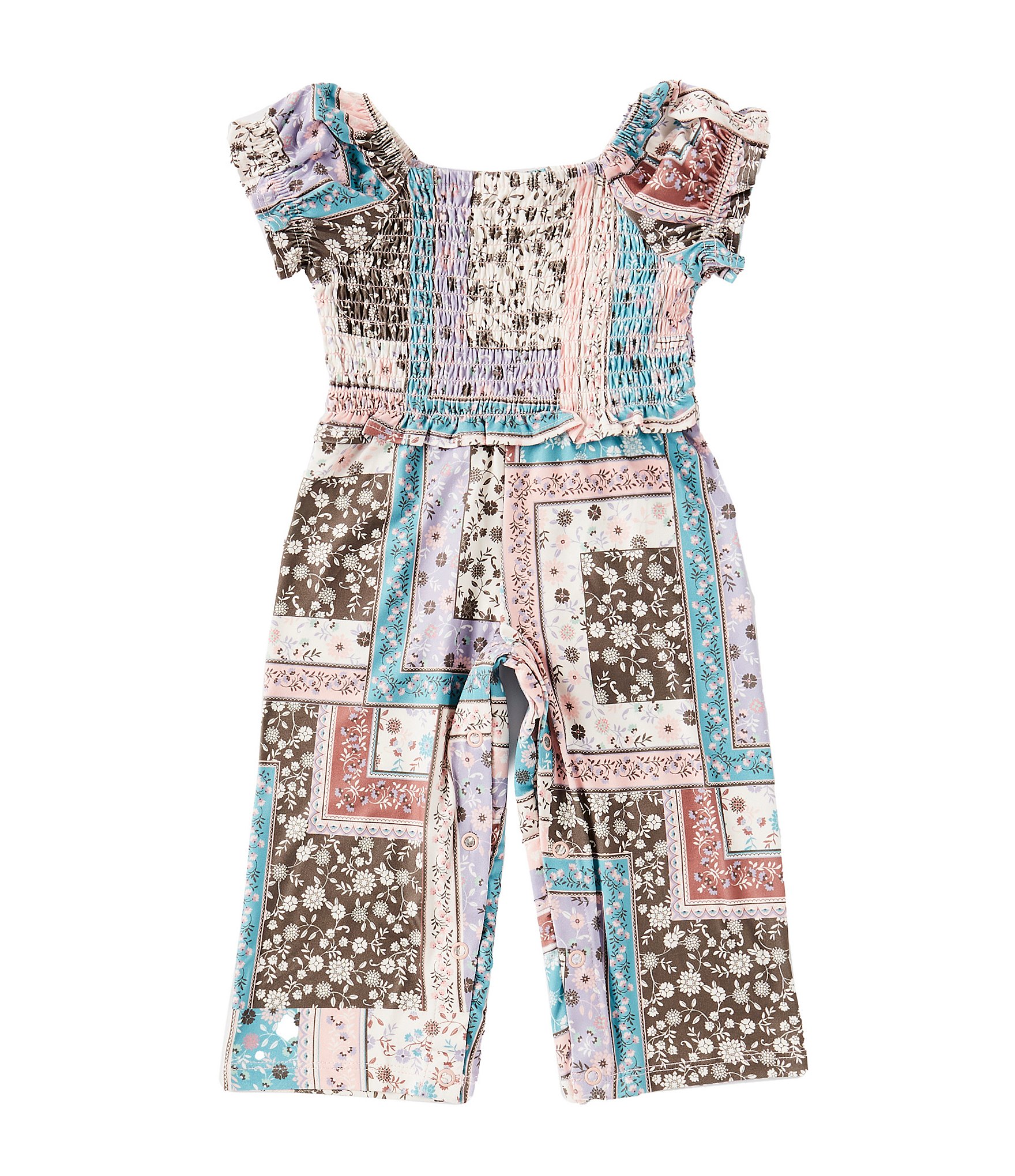 Rare Editions Baby Girls 3-24 Months Short Sleeve Smocked-Bodice Patchwork Jumpsuit