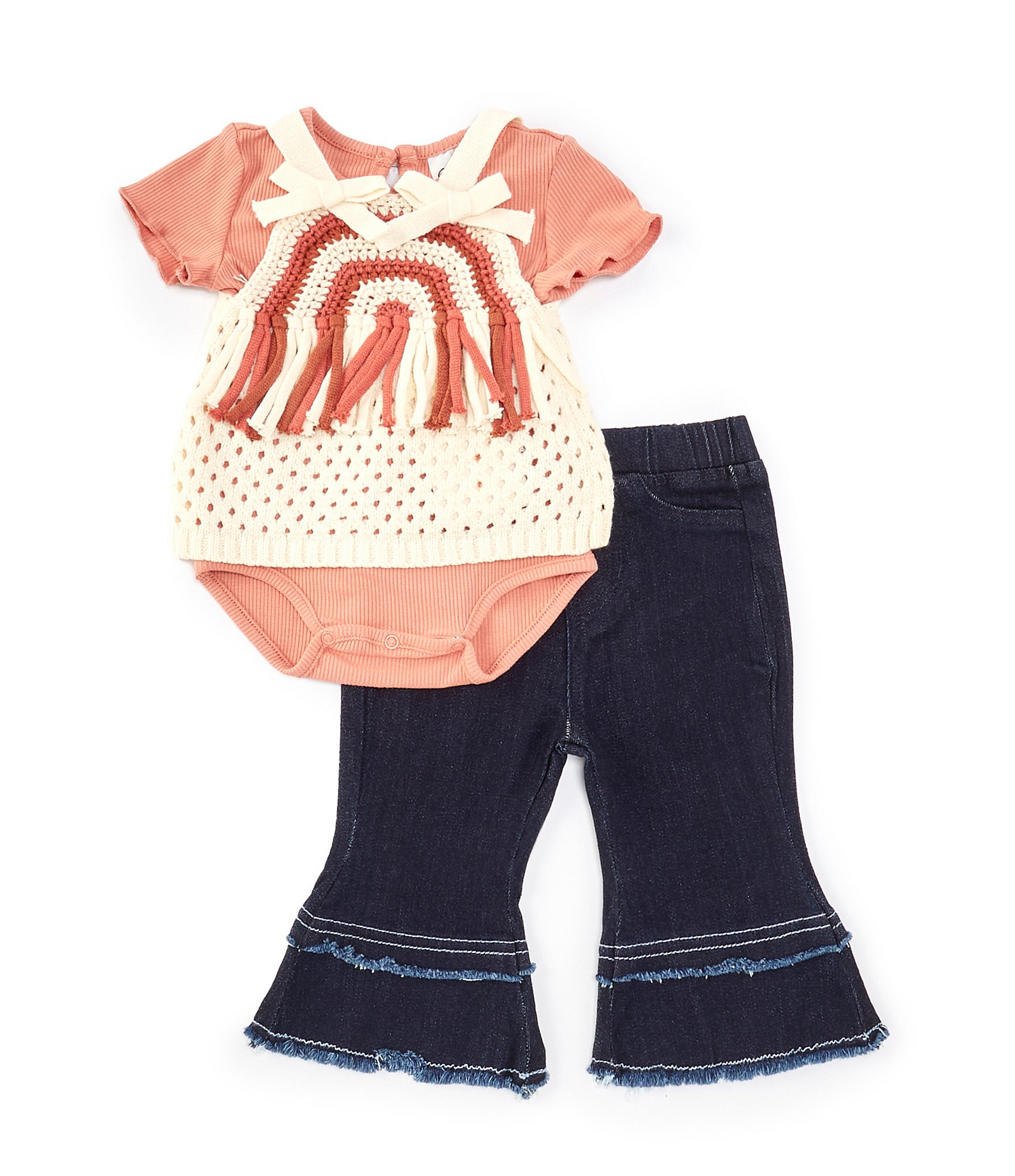 Rare Editions Baby Girls 3-24 Months Sleeveless Crocheted Vest, Short-Sleeve T-Shirt & Flare-Leg Jeans