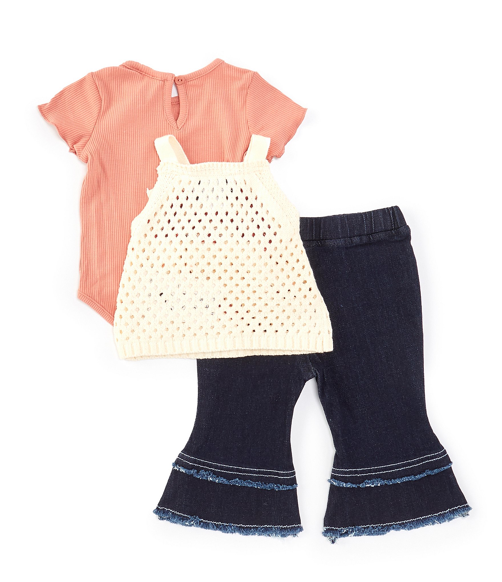 Rare Editions Baby Girls 3-24 Months Sleeveless Crocheted Vest, Short-Sleeve T-Shirt & Flare-Leg Jeans