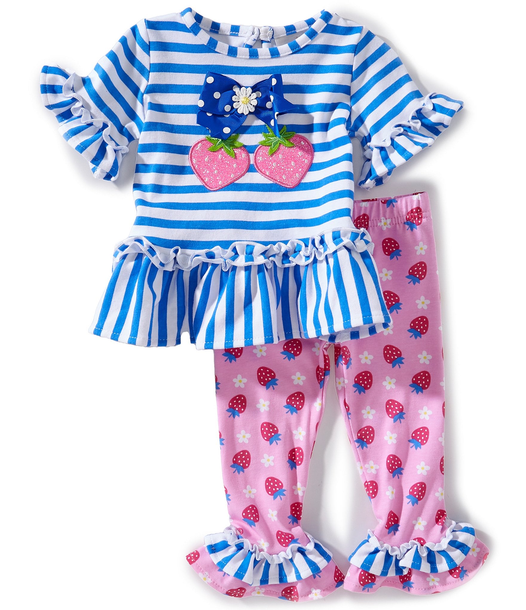 Rare Editions Baby Girls Flutter-Sleeve Striped Bow/Strawberries Appliqued Knit Tunic Top & Strawberry-Printed Leggings Set