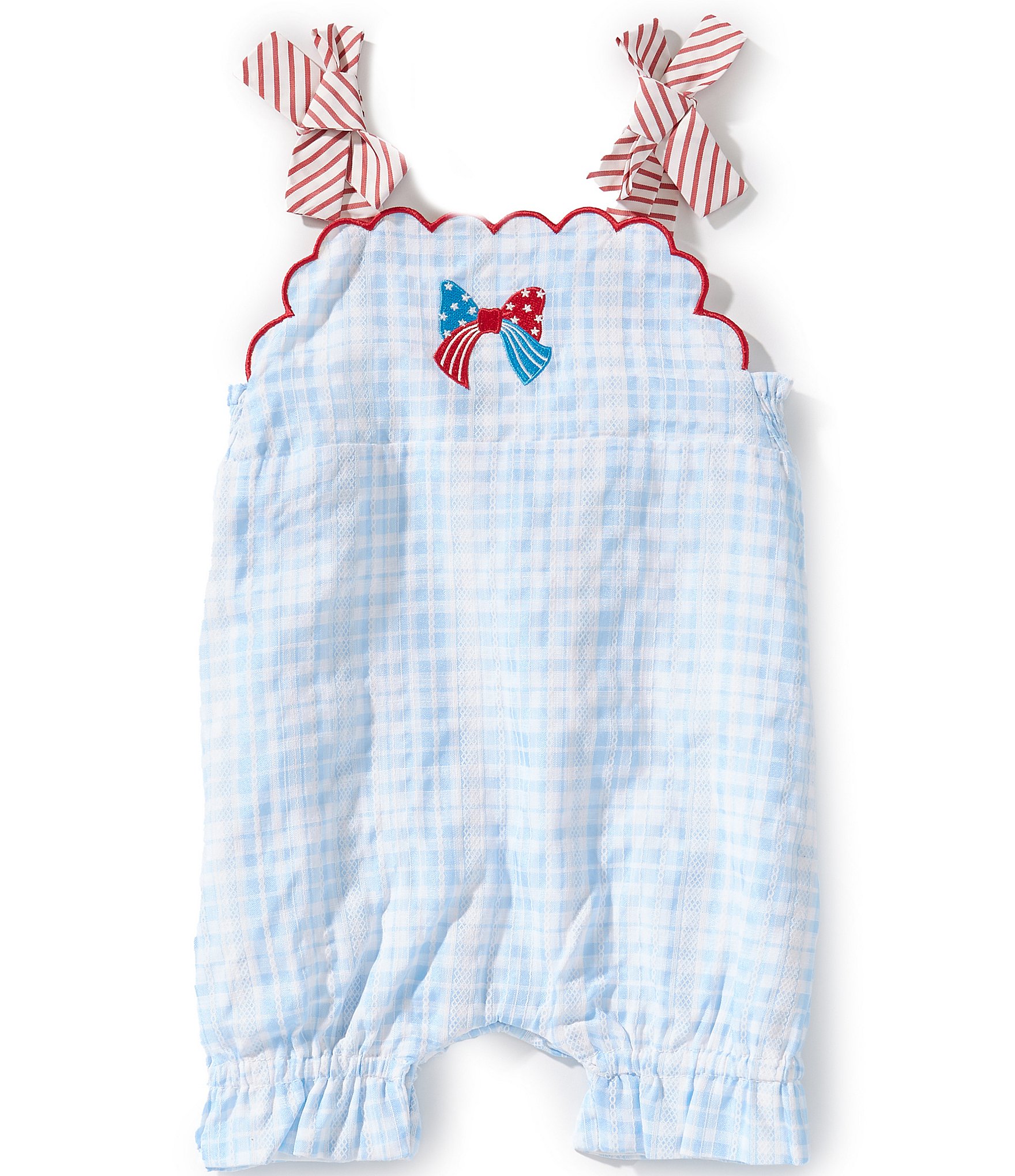 Rare Editions Baby Girls Sleeveless Bow-Embroidered Gingham-Checked Romper