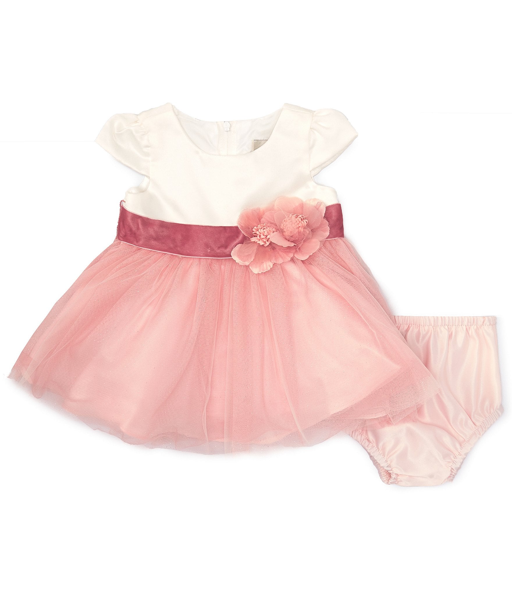 Rare Editions Bbay Girls Newborn-24 Months Short Cap Sleeve Satin Bodice and Mesh Skirted Dress