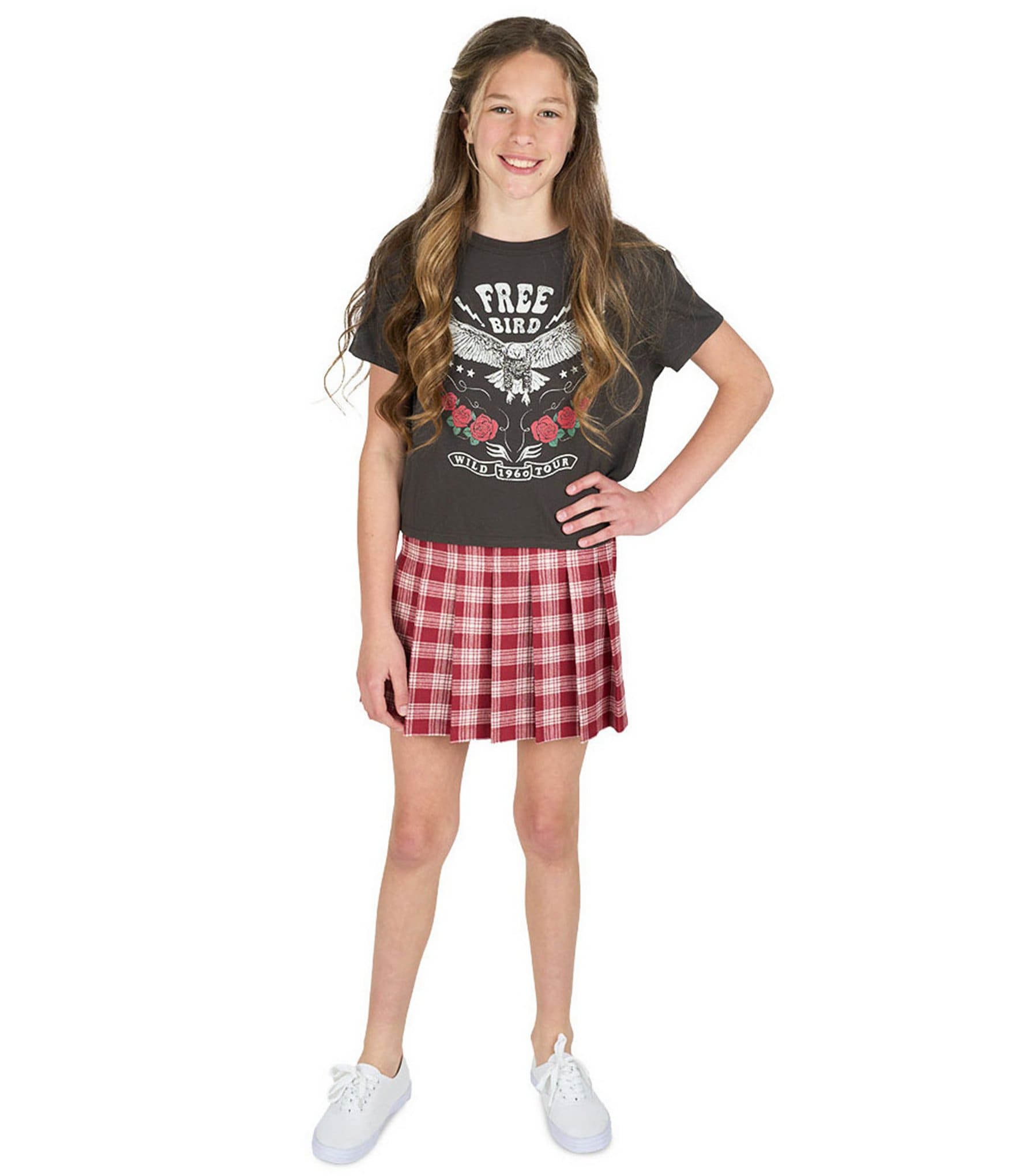 Rare Editions Big Girls Short-Sleeve Solid Free Bird T-Shirt & Plaid Skirt Set