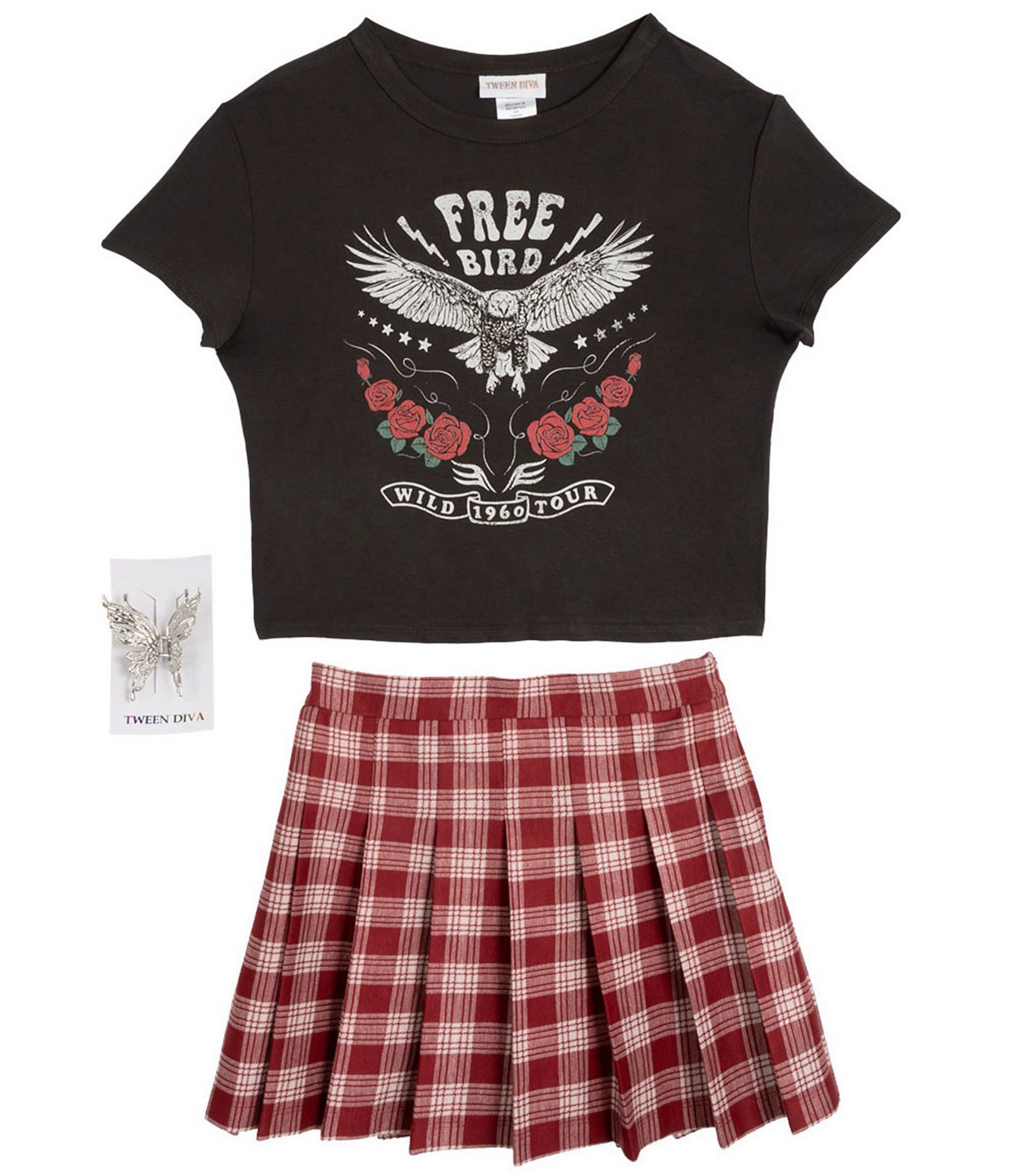Rare Editions Big Girls Short-Sleeve Solid Free Bird T-Shirt & Plaid Skirt Set