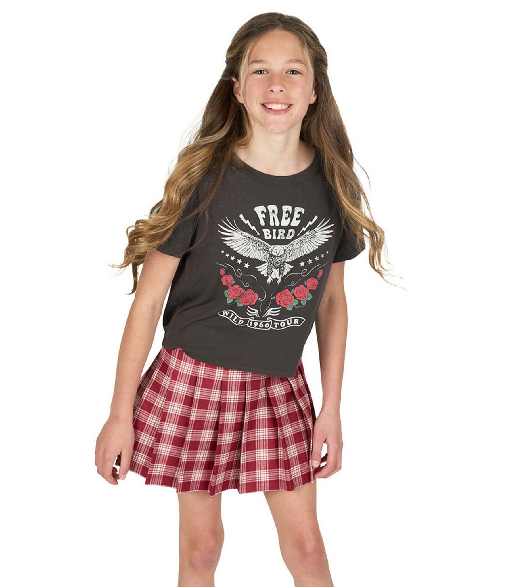 Rare Editions Big Girls Short-Sleeve Solid Free Bird T-Shirt & Plaid Skirt Set