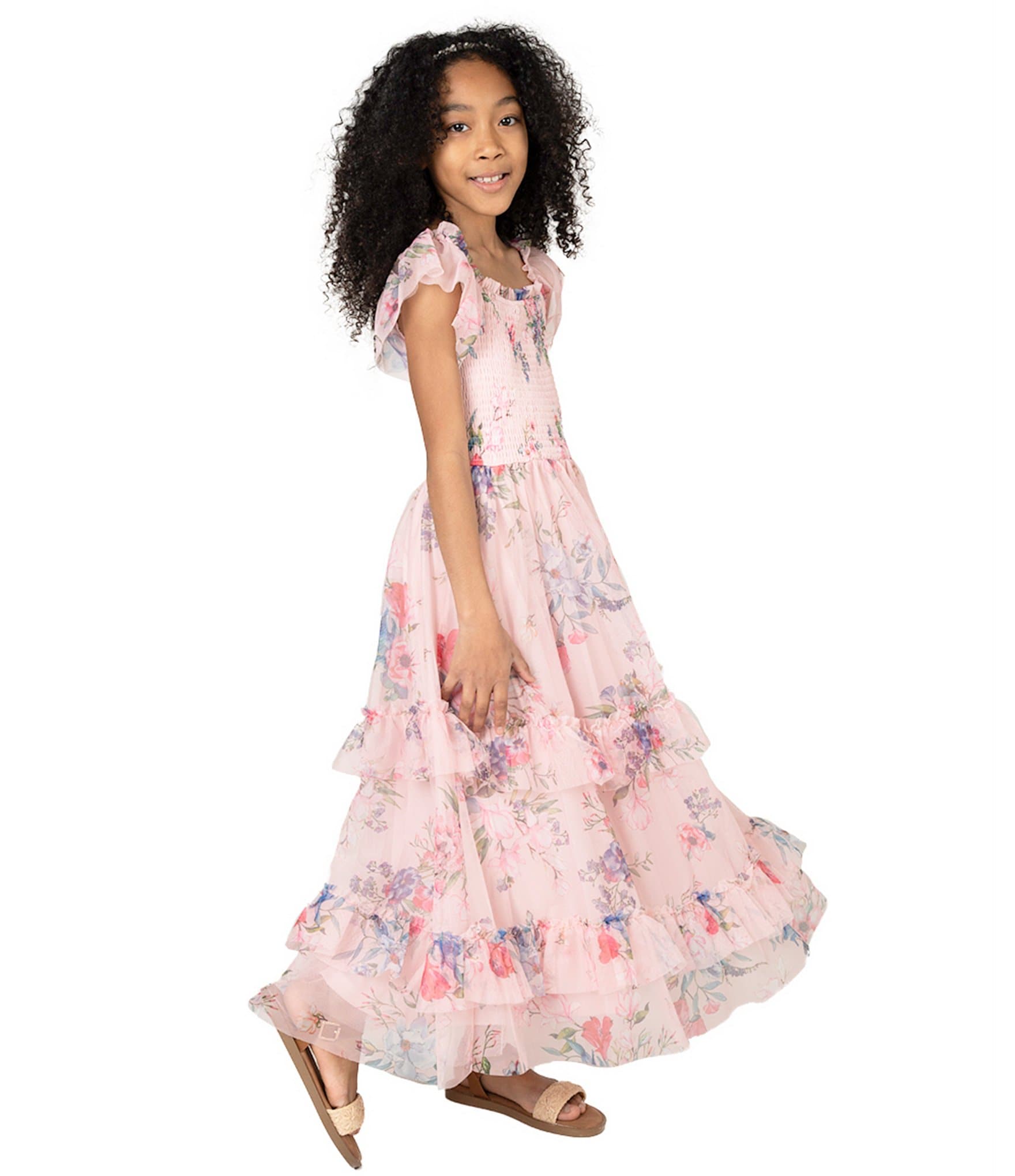 Rare Editions Big Girls 7-16 Flutter-Sleeve Floral-Printed Tiered Long Dress