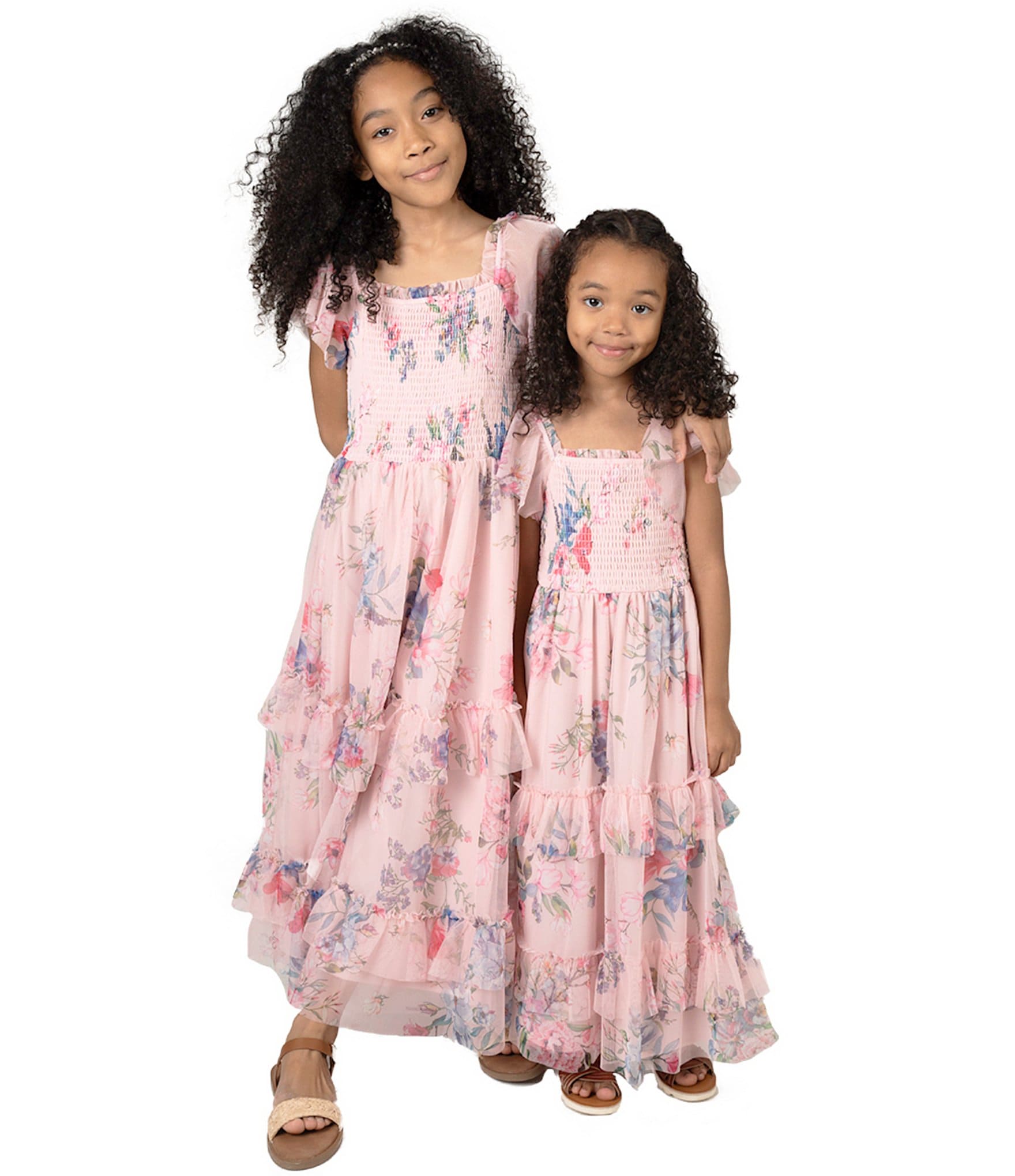 Rare Editions Big Girls 7-16 Flutter-Sleeve Floral-Printed Tiered Long Dress