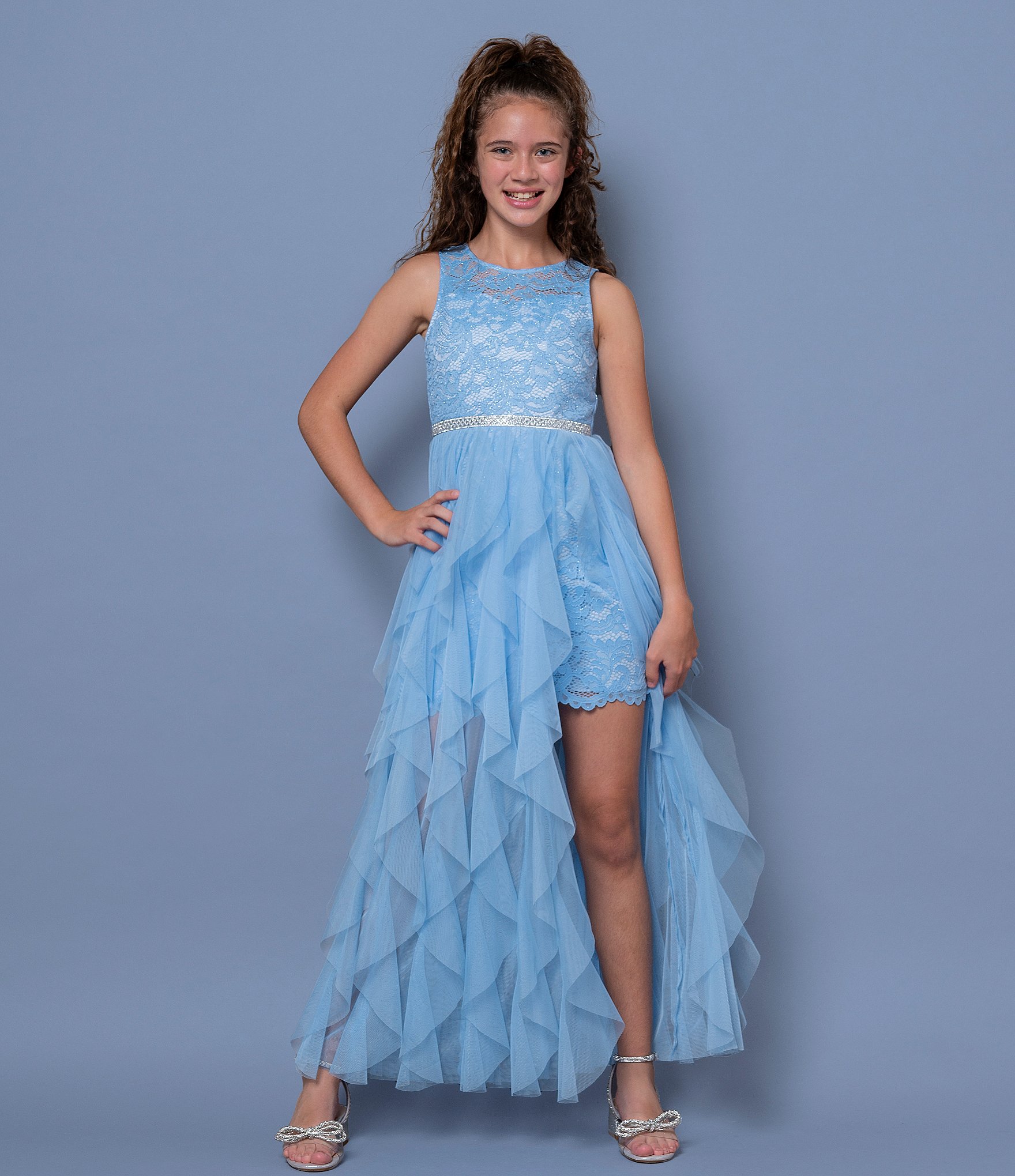 Rare Editions Big Girls 7-16 Glitter-Accented Illusion-Bodice/Cascading Chiffon Ballgown