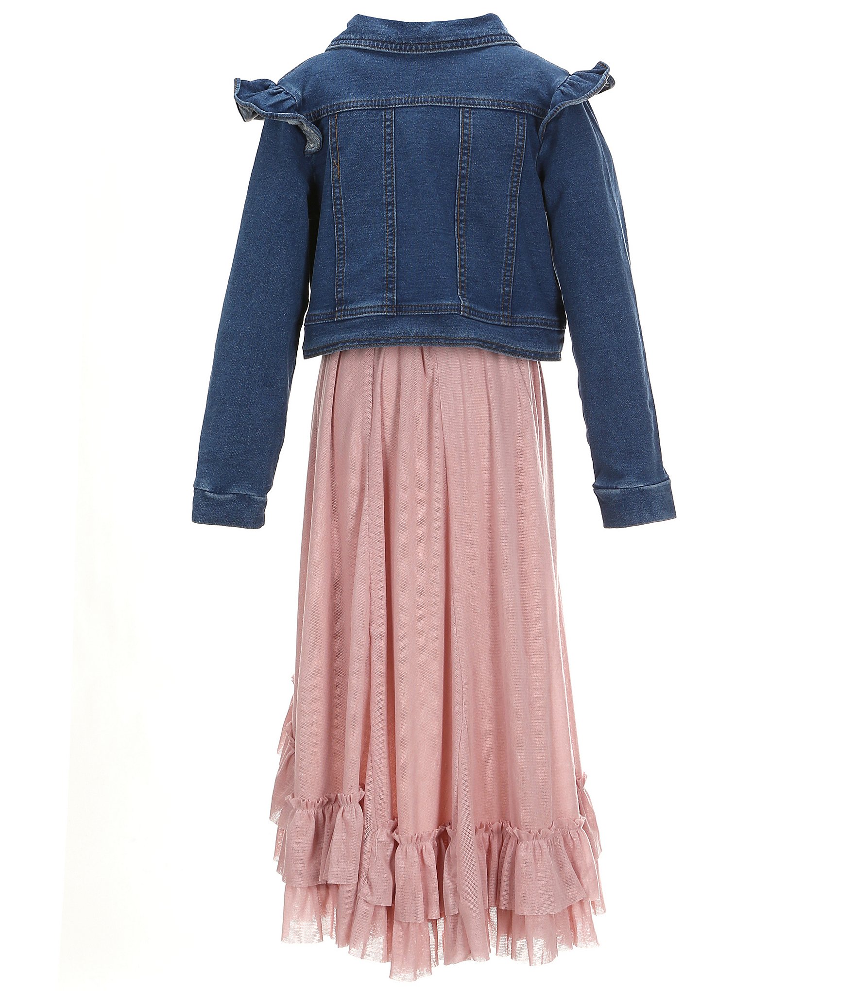 Rare Editions Big Girls 7-16 Long Sleeve Denim Jacket & Solid Gauze High-Low-Hem Long Dress