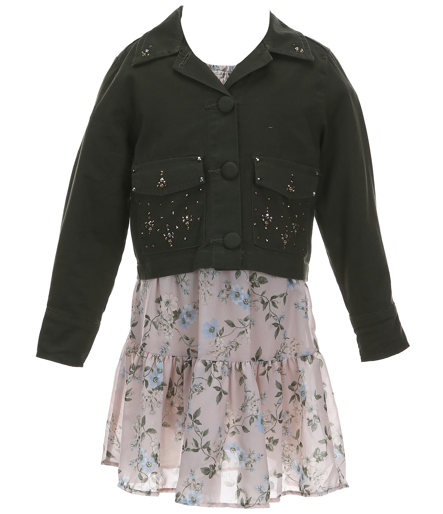 Rare Editions Big Girls 7-16 Long Sleeve Denim Utility Jacket & Floral-Printed Woven Long Dress