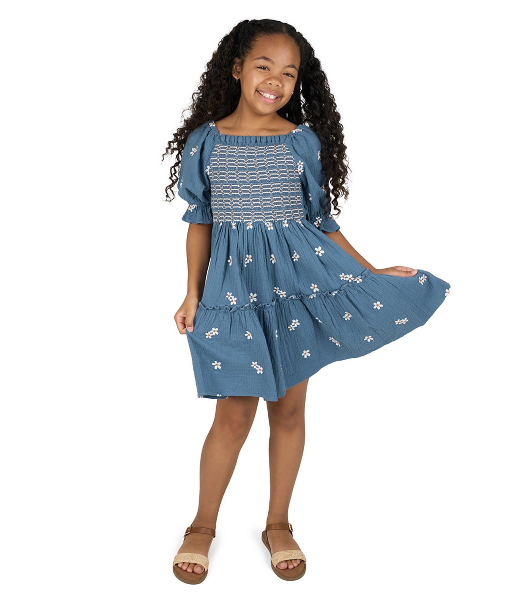 Rare Editions Big Girls Puffed-Sleeve Floral-Embroidered Textured-Gauze Fit-And-Flare Dress