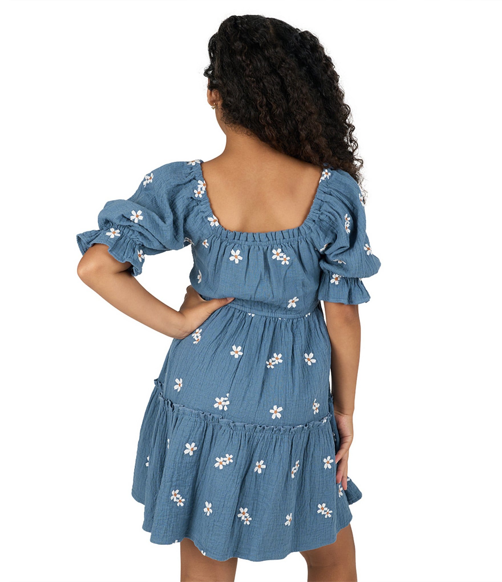 Rare Editions Big Girls Puffed-Sleeve Floral-Embroidered Textured-Gauze Fit-And-Flare Dress