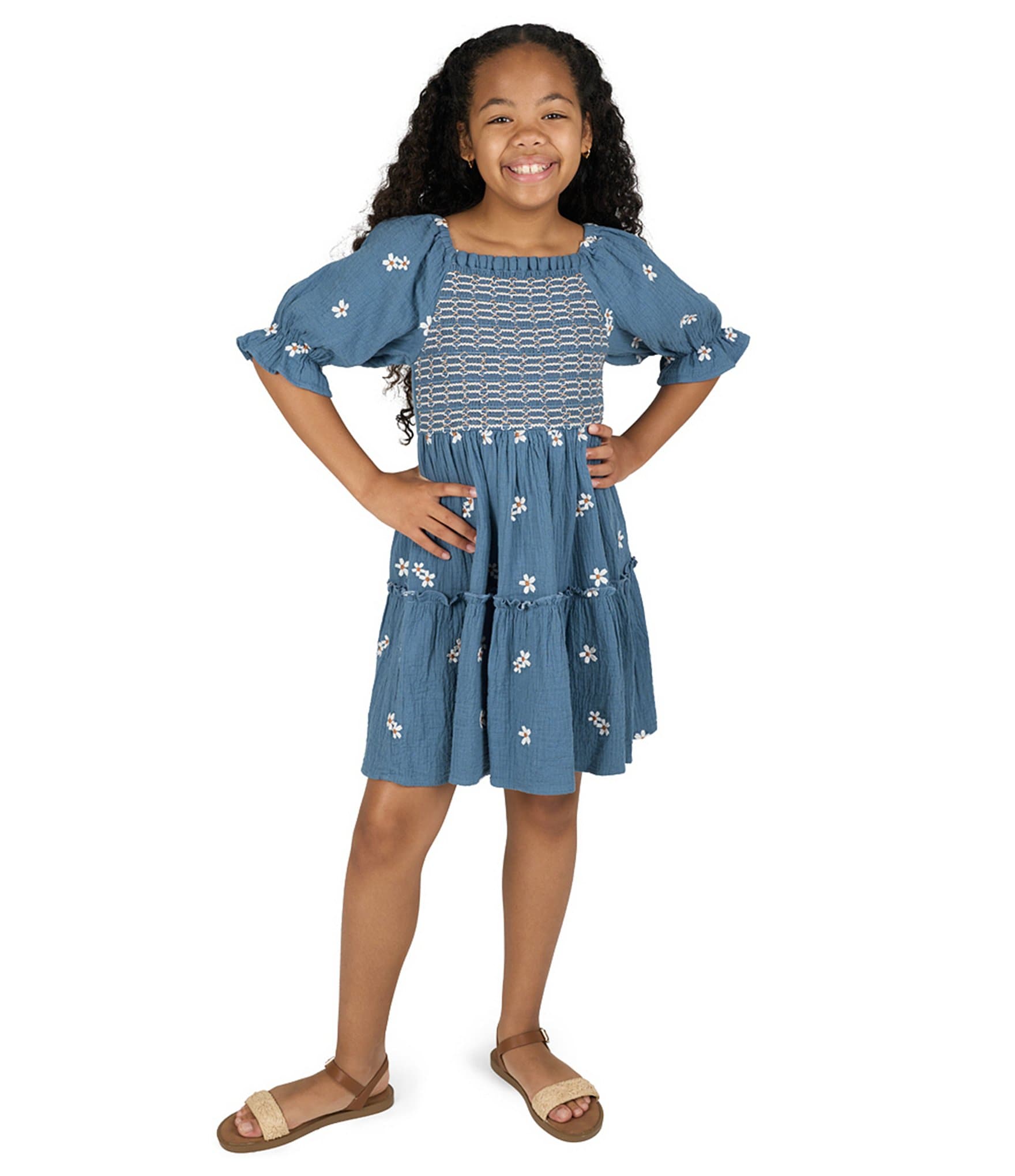 Rare Editions Big Girls Puffed-Sleeve Floral-Embroidered Textured-Gauze Fit-And-Flare Dress