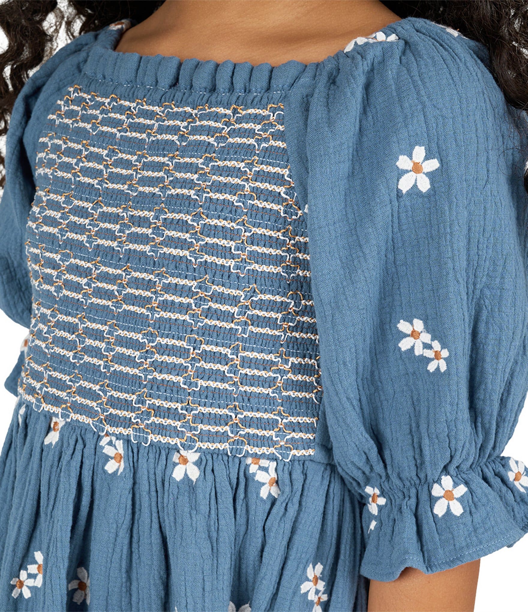 Rare Editions Big Girls Puffed-Sleeve Floral-Embroidered Textured-Gauze Fit-And-Flare Dress