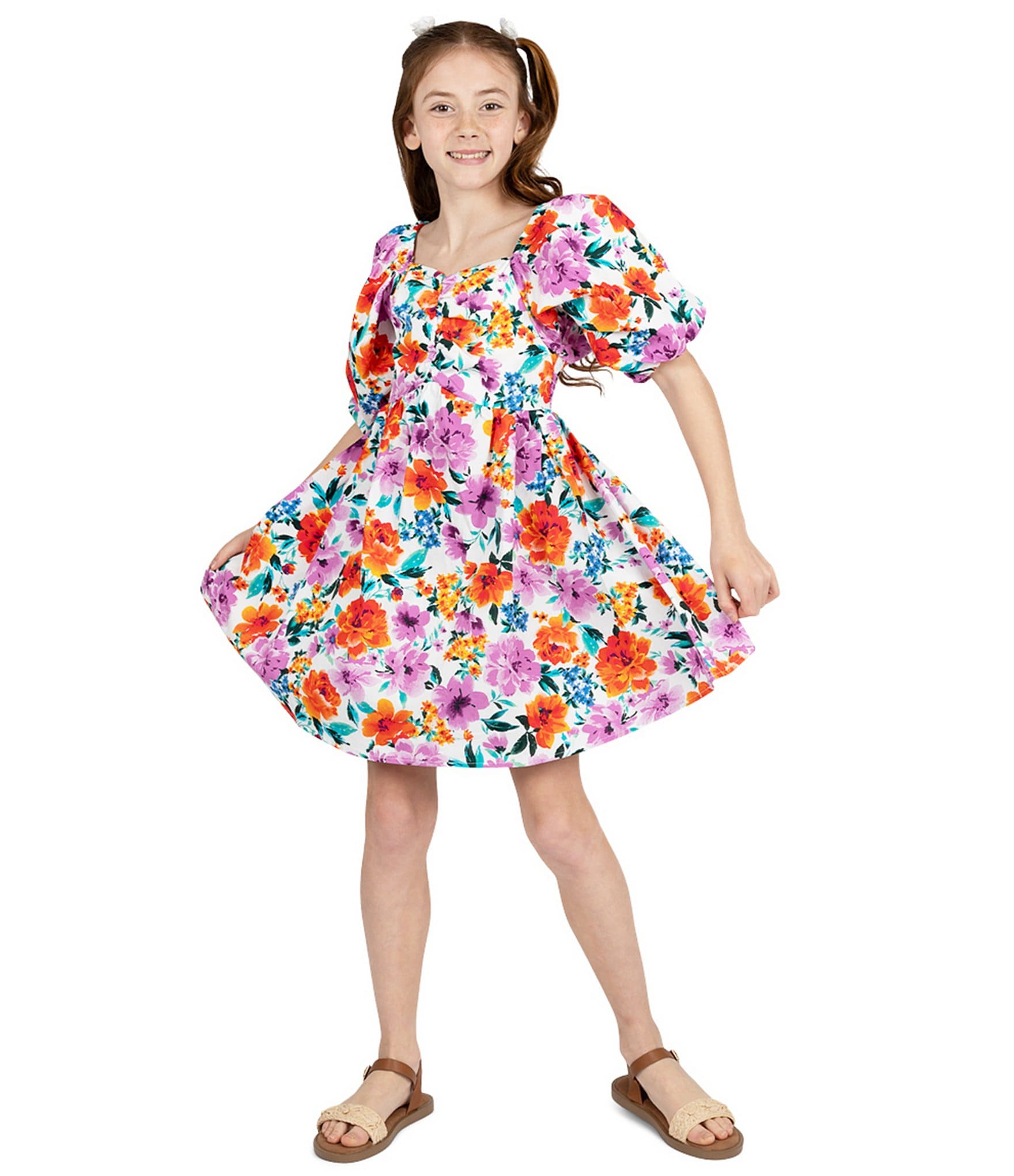 Rare Editions Big Girls 7-16 Puffed-Sleeve Floral Print Fit-And-Flare Dress