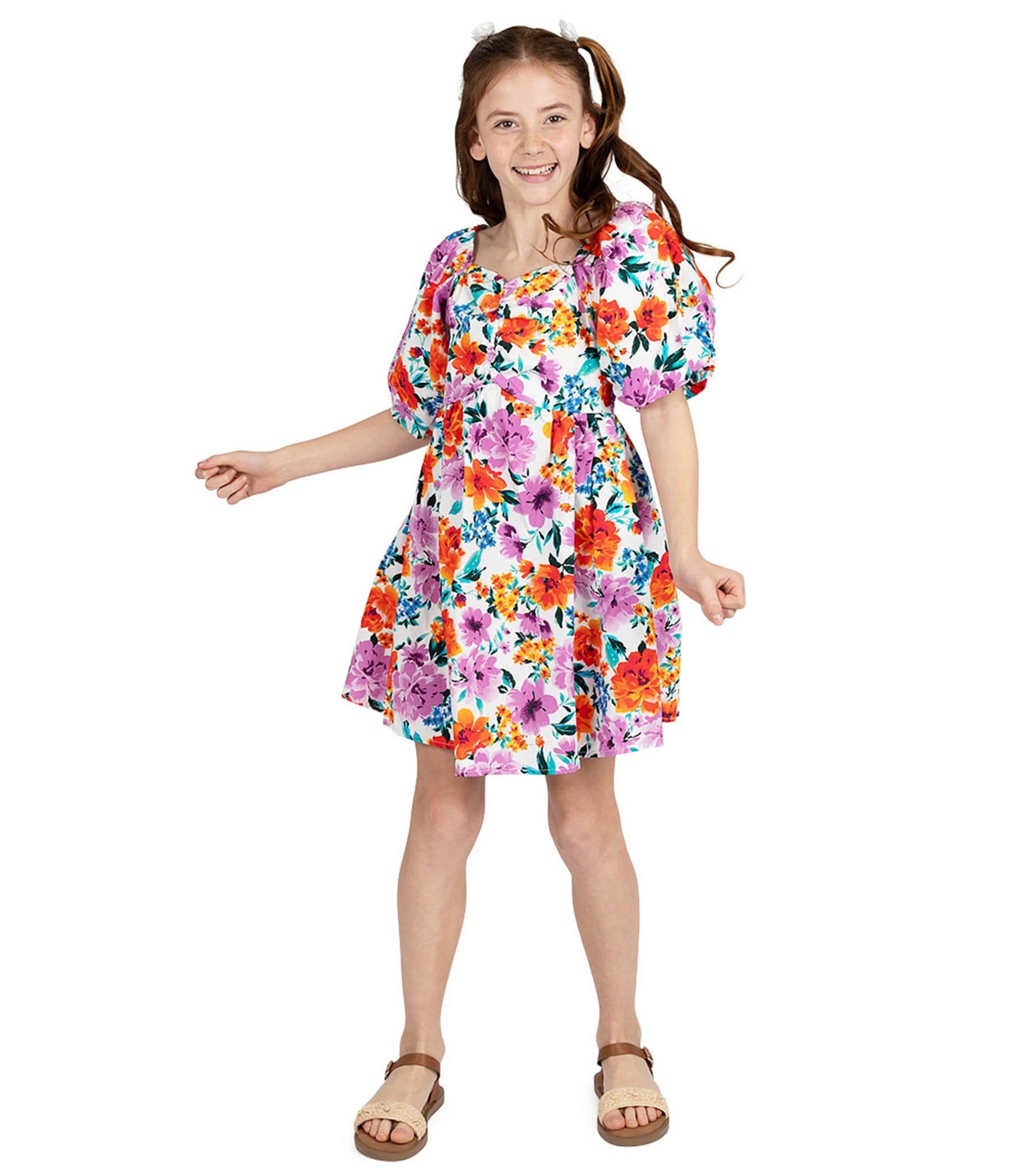 Rare Editions Big Girls 7-16 Puffed-Sleeve Floral Print Fit-And-Flare Dress