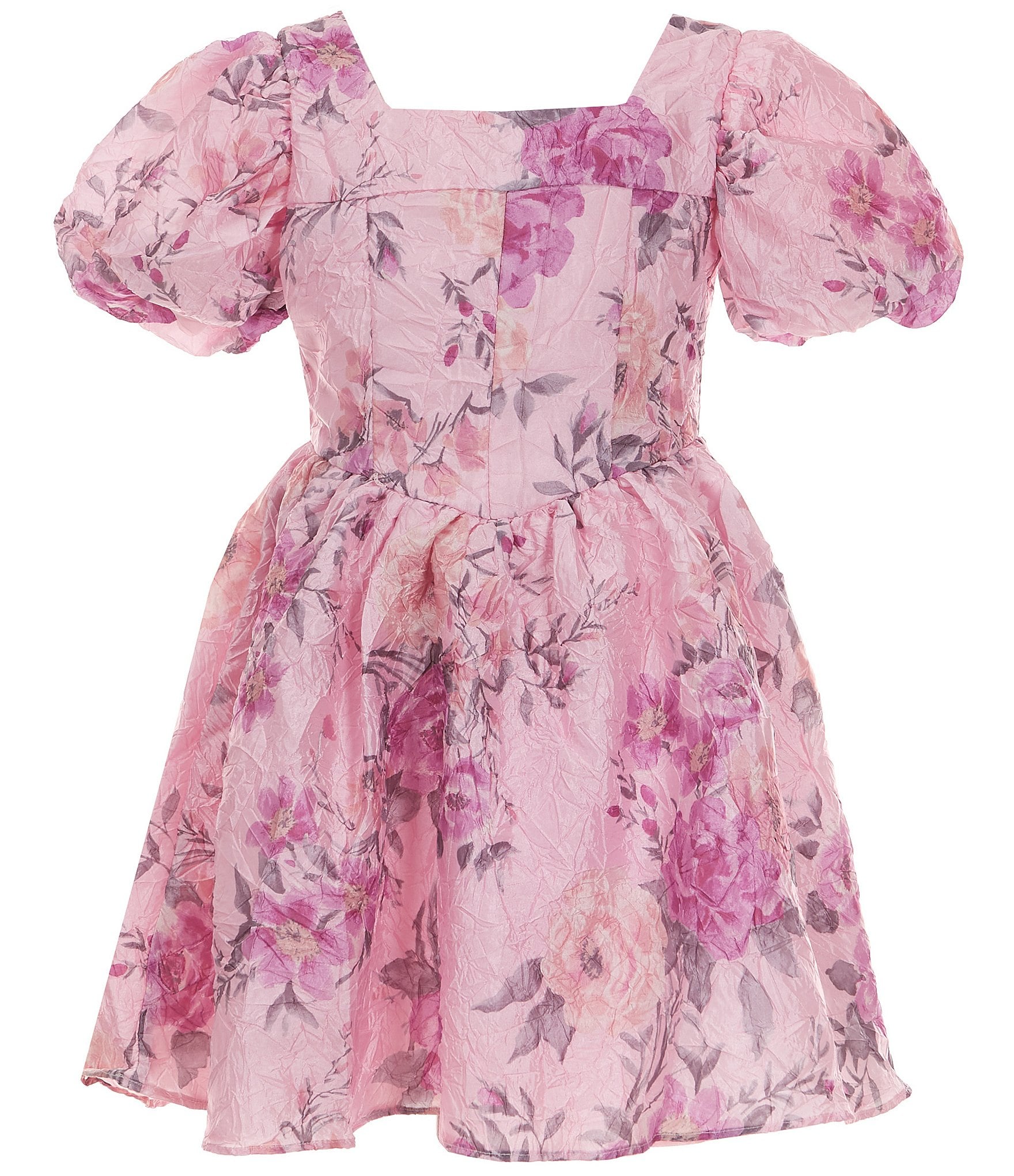 Rare Editions Big Girls 7-16 Puffed-Sleeve Floral-Printed Crinkled ...