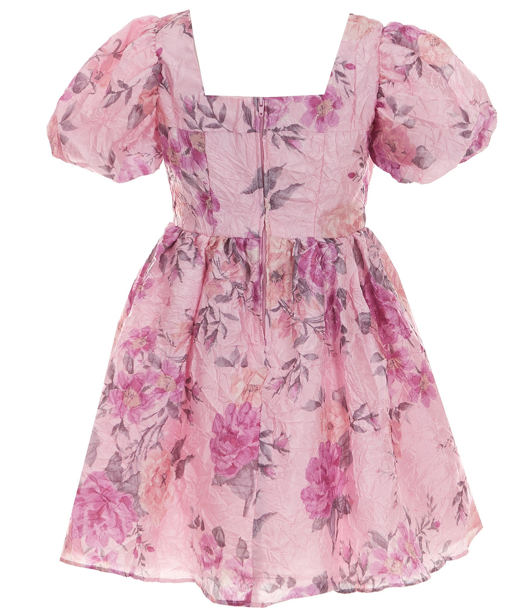 Rare Editions Big Girls 7-16 Puffed-Sleeve Floral-Printed Crinkled Taffeta Fit-And-Flare Dress