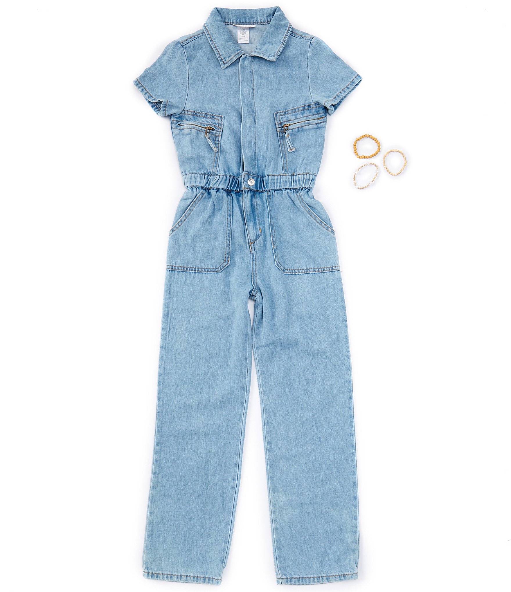 Rare Editions Big Girls 7-16 Short Sleeve Denim Utility Jumpsuit