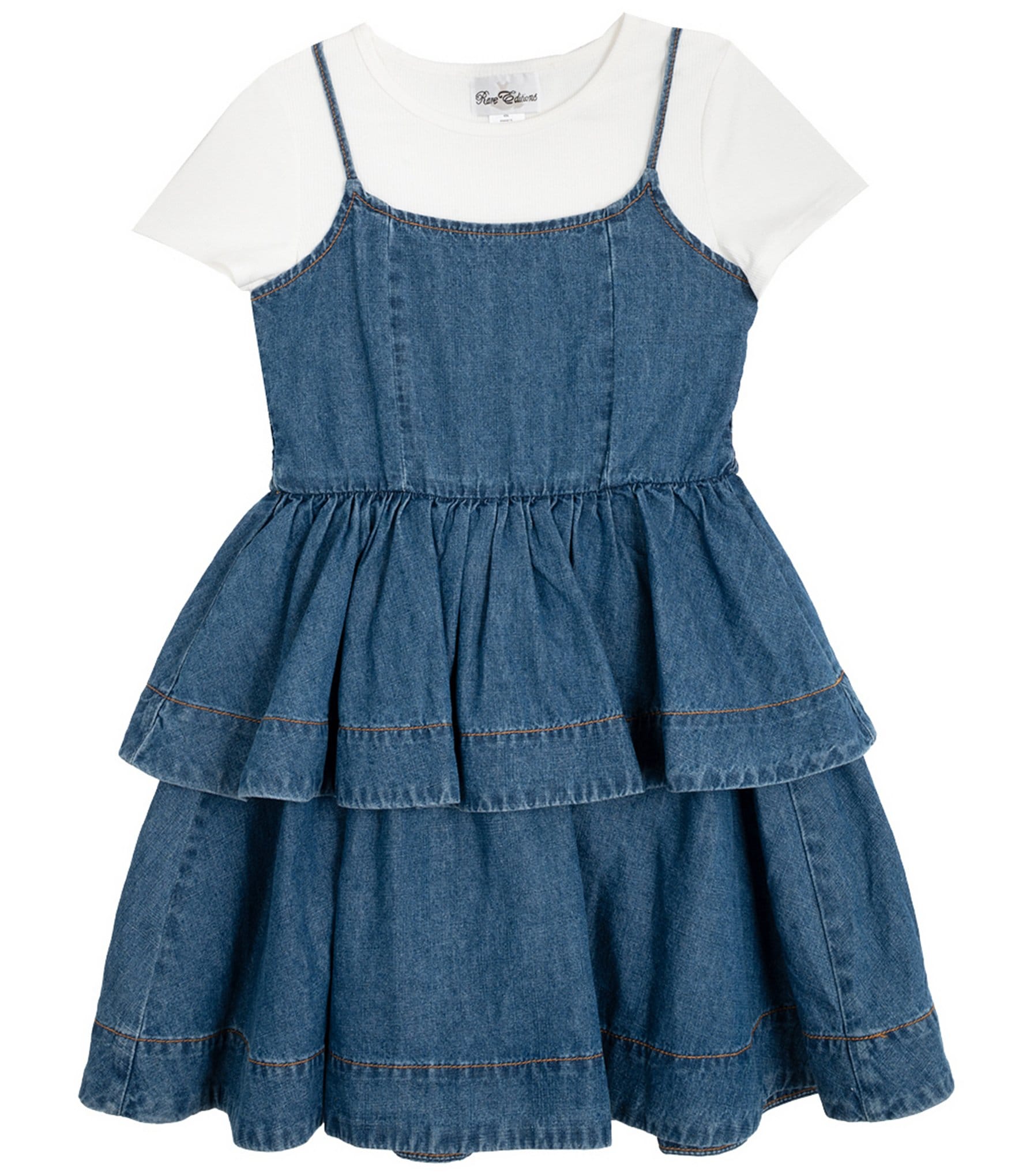 Rare Editions Big Girls Short-Sleeve Solid Knit T-Shirt & Sleeveless Ruffled Denim Dress