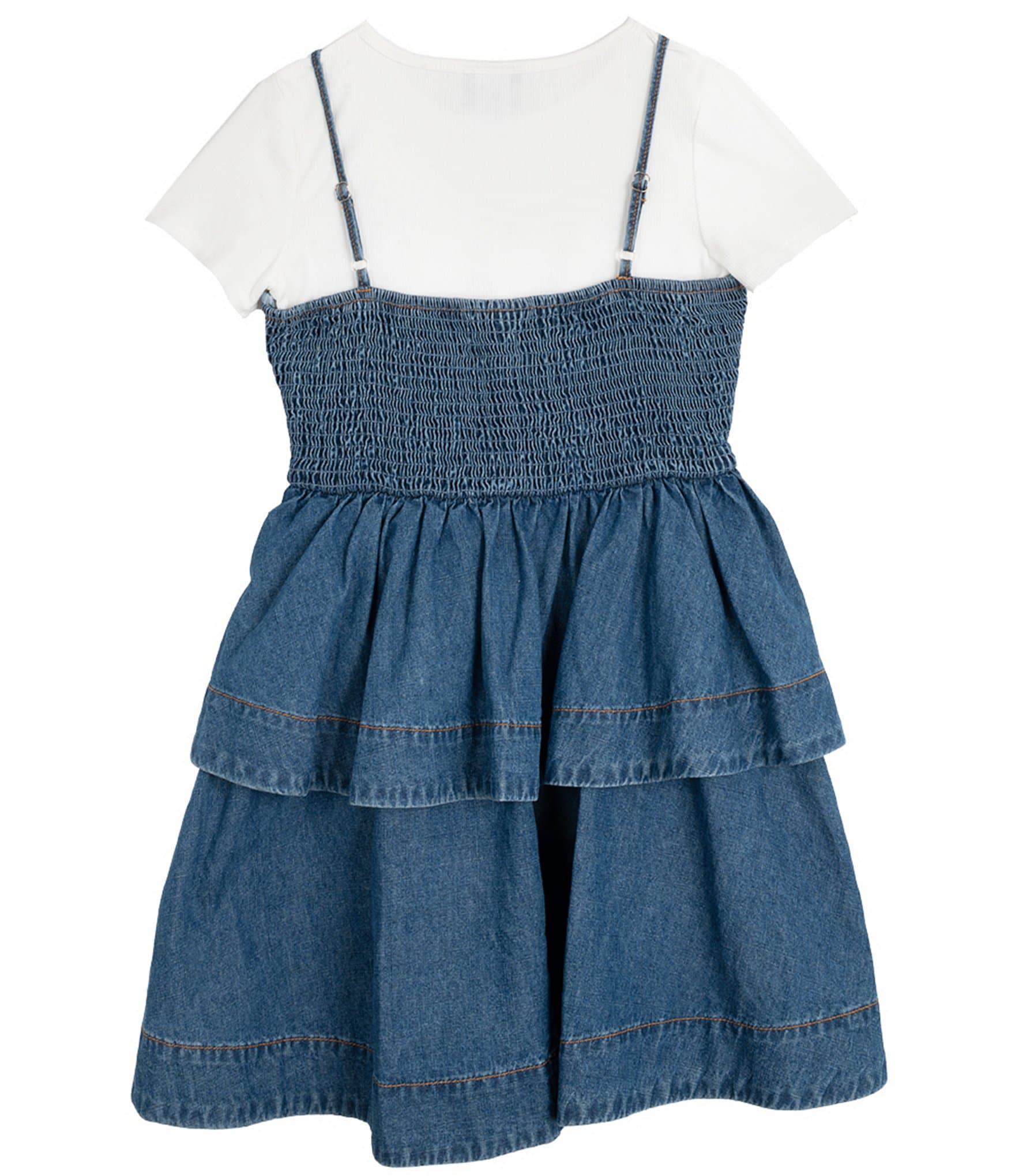 Rare Editions Big Girls Short-Sleeve Solid Knit T-Shirt & Sleeveless Ruffled Denim Dress