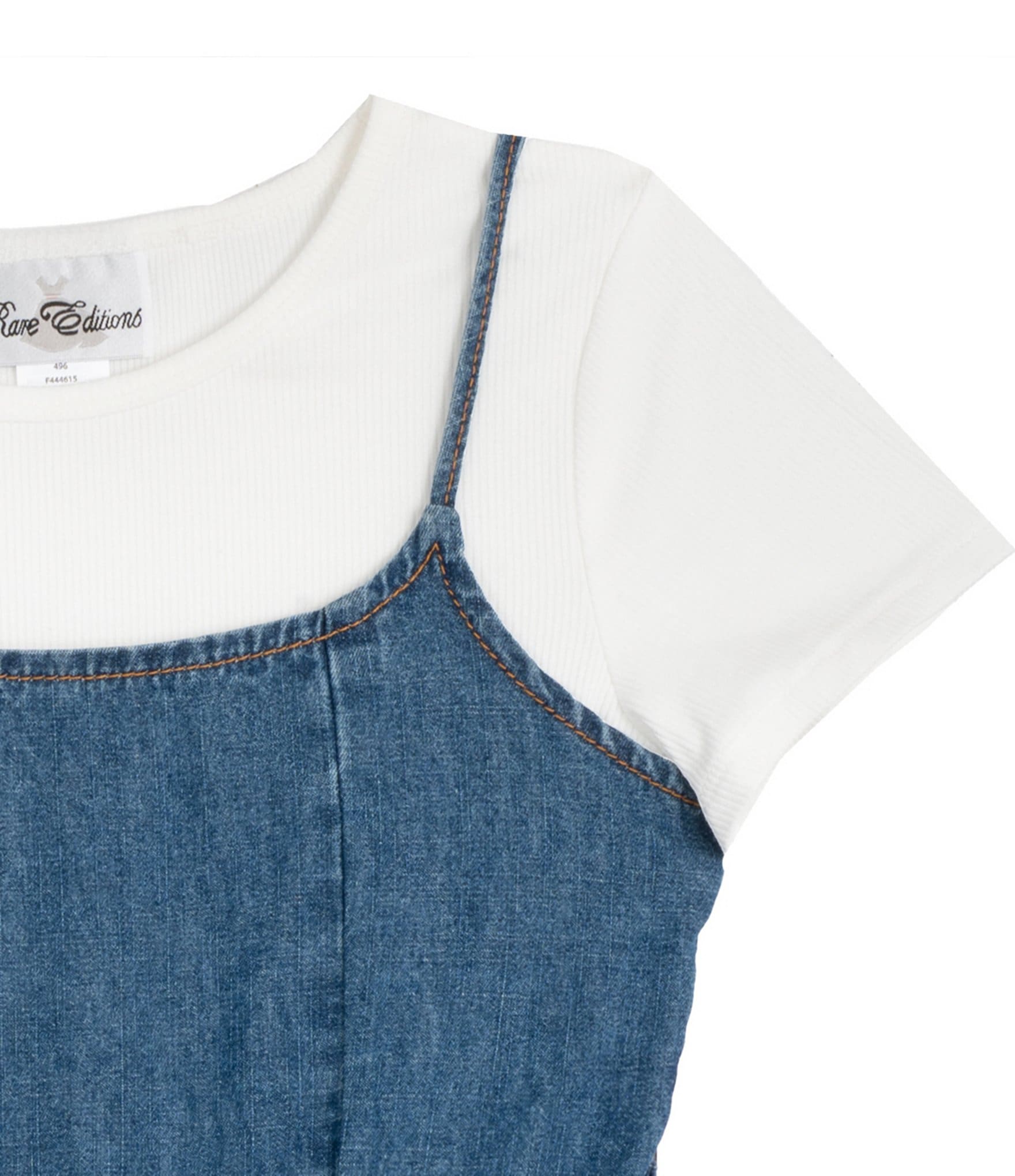 Rare Editions Big Girls Short-Sleeve Solid Knit T-Shirt & Sleeveless Ruffled Denim Dress