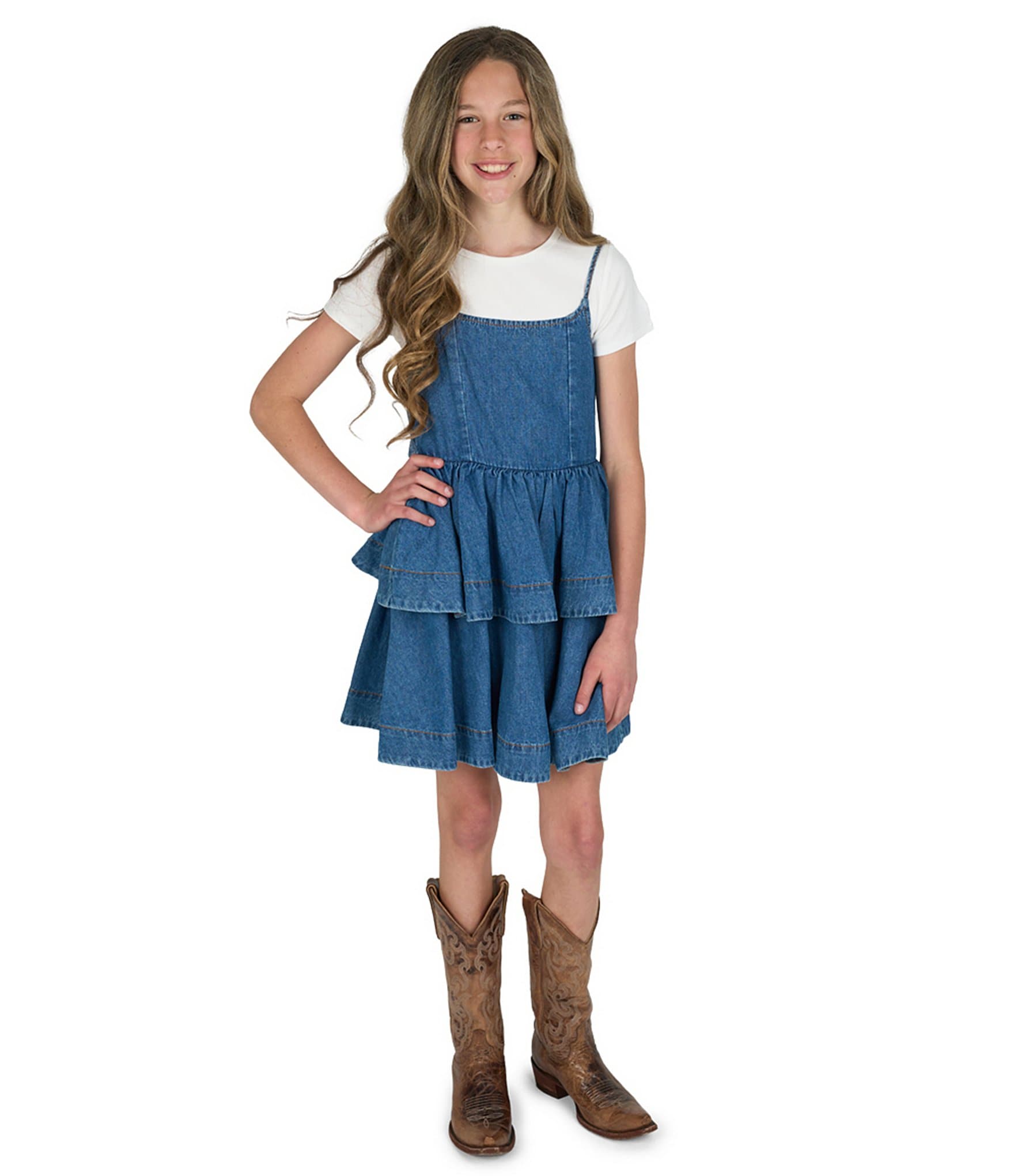 Rare Editions Big Girls Short-Sleeve Solid Knit T-Shirt & Sleeveless Ruffled Denim Dress