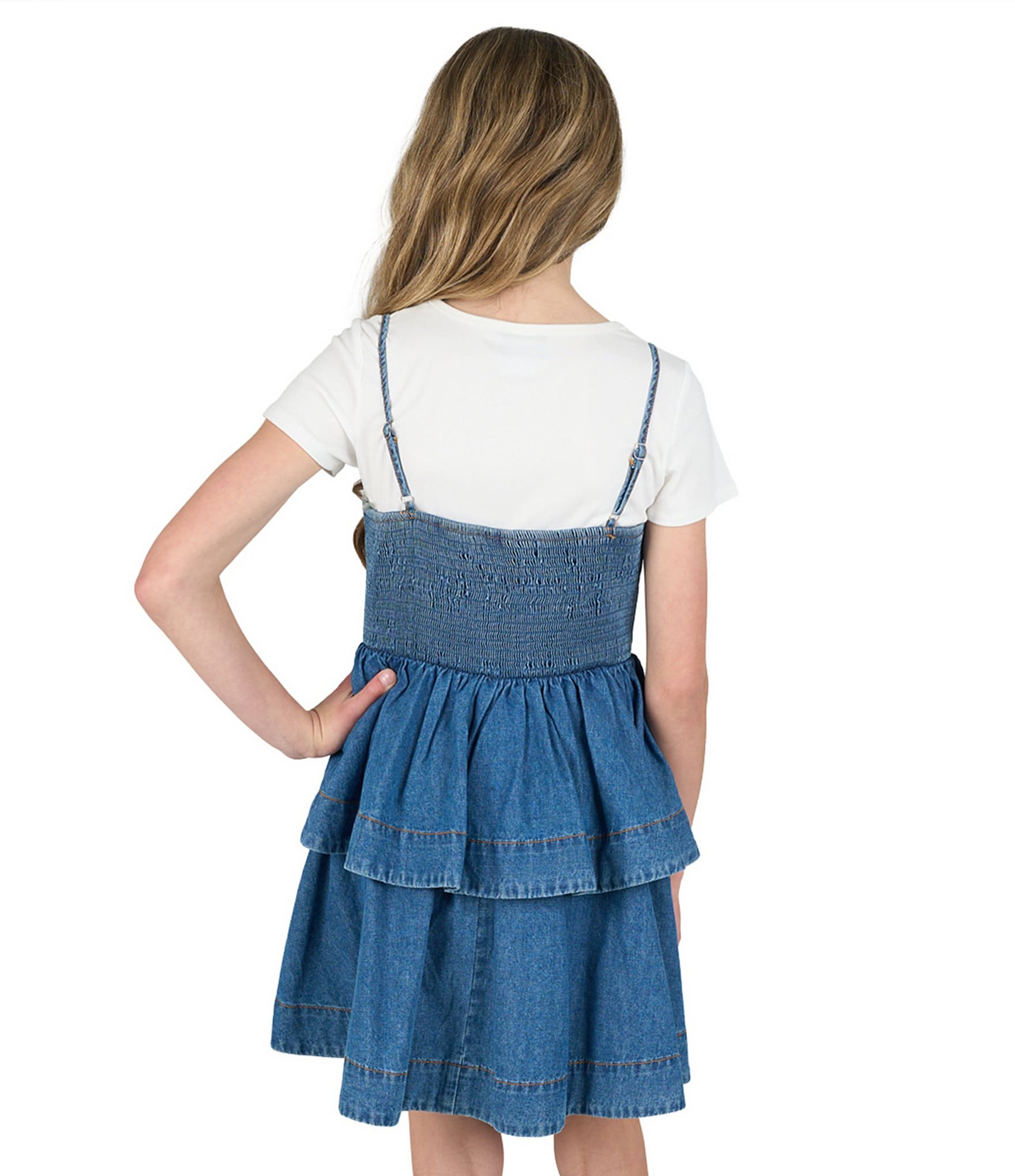 Rare Editions Big Girls Short-Sleeve Solid Knit T-Shirt & Sleeveless Ruffled Denim Dress