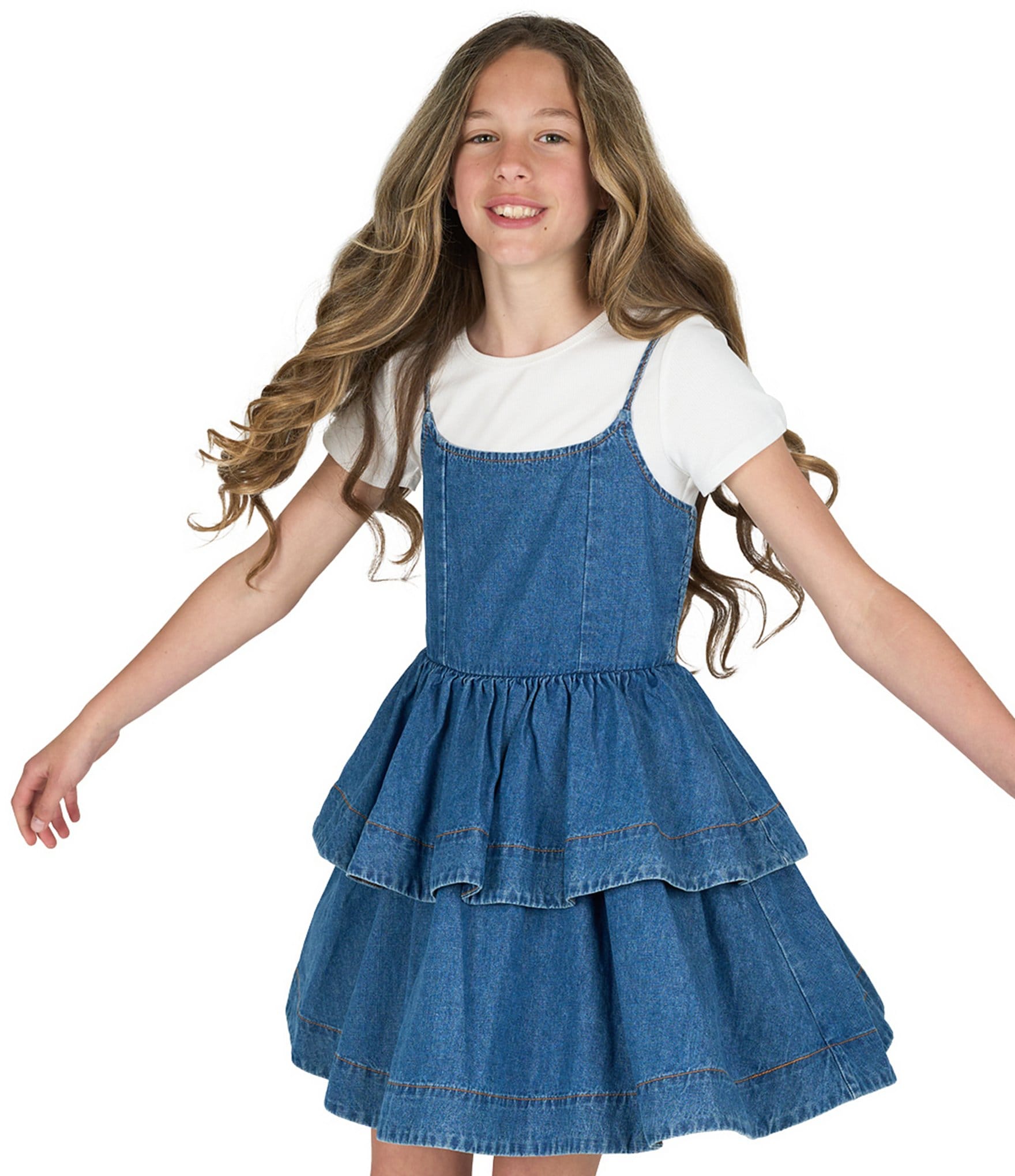 Rare Editions Big Girls Short-Sleeve Solid Knit T-Shirt & Sleeveless Ruffled Denim Dress