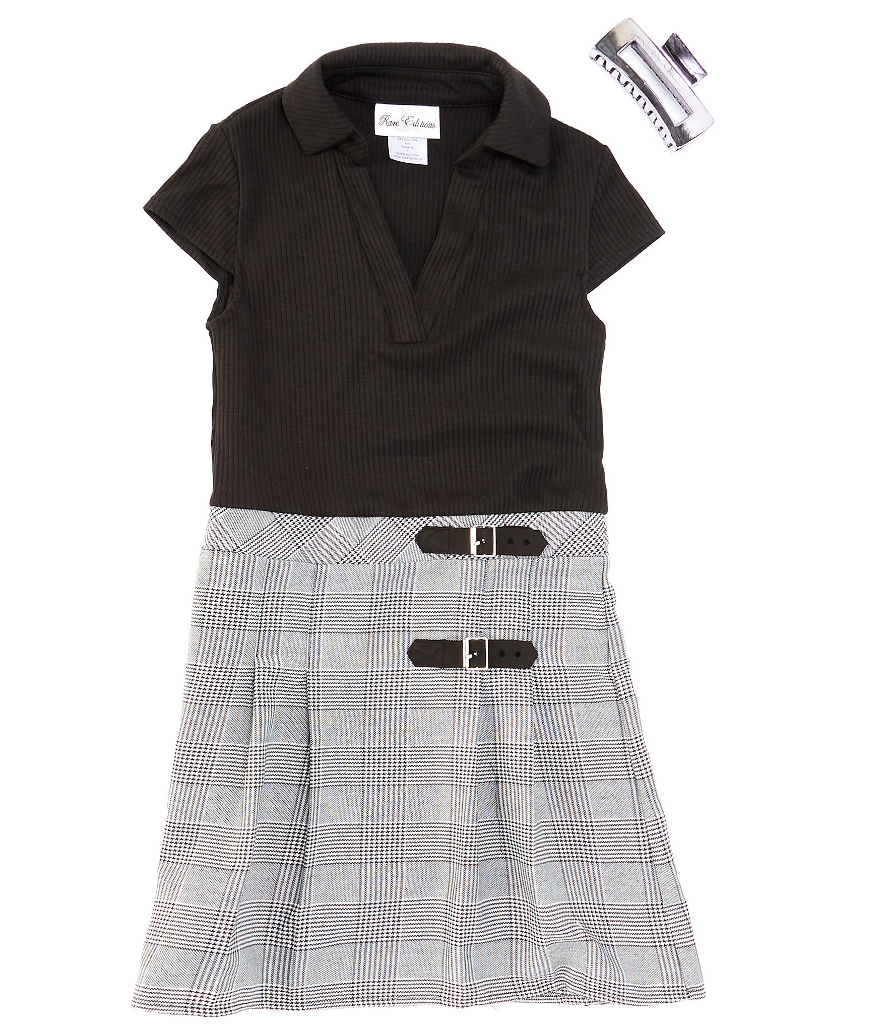 Rare Editions Big Girls 7-16 Short Sleeve Solid Rib-Knit Bodice/Plaid Skirted Fit & Flare Dress