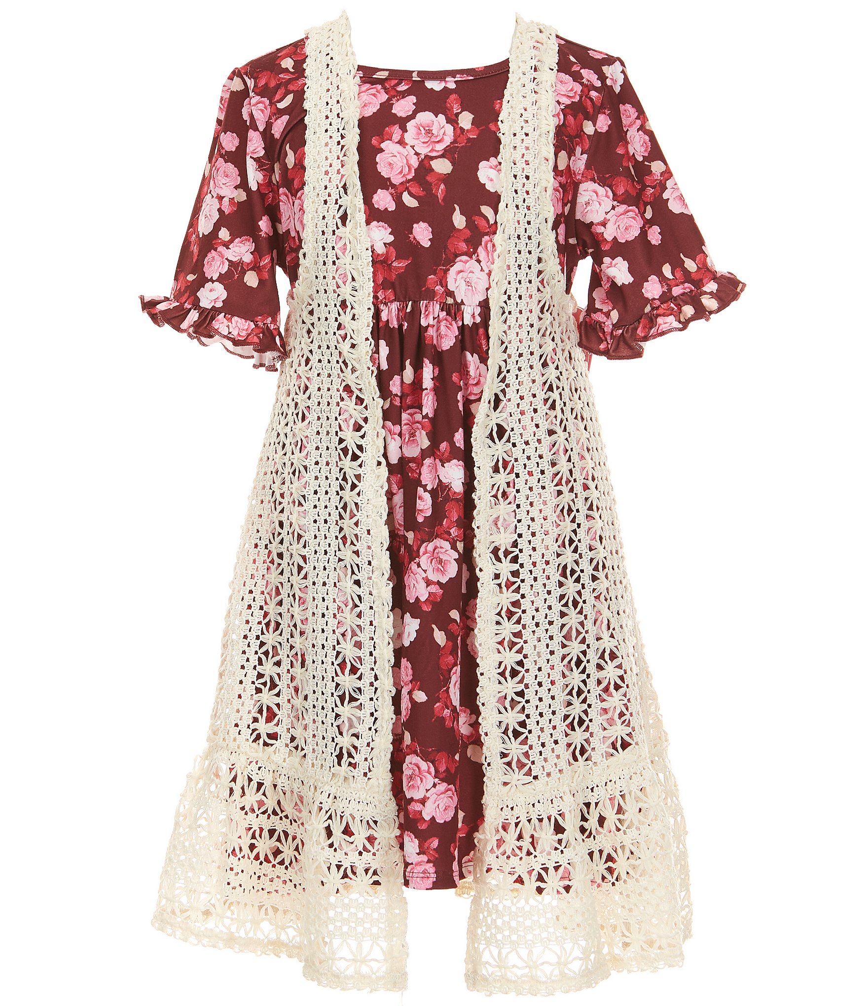 Rare Editions Big Girls Sleeveless Crocheted Cardigan & Short-Sleeve Floral-Printed Fit-And-Flare Dress Set