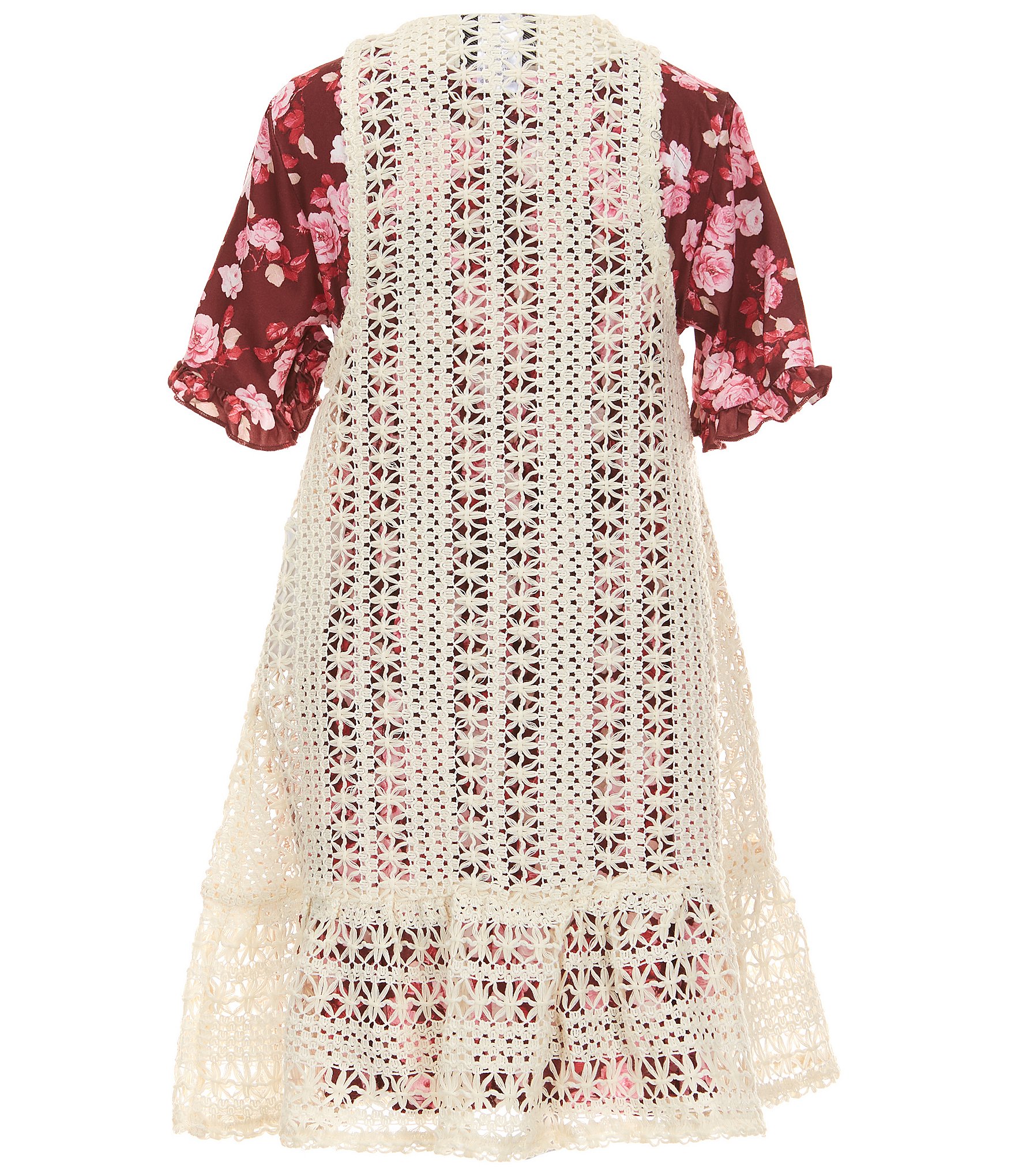 Rare Editions Big Girls Sleeveless Crocheted Cardigan & Short-Sleeve Floral-Printed Fit-And-Flare Dress Set