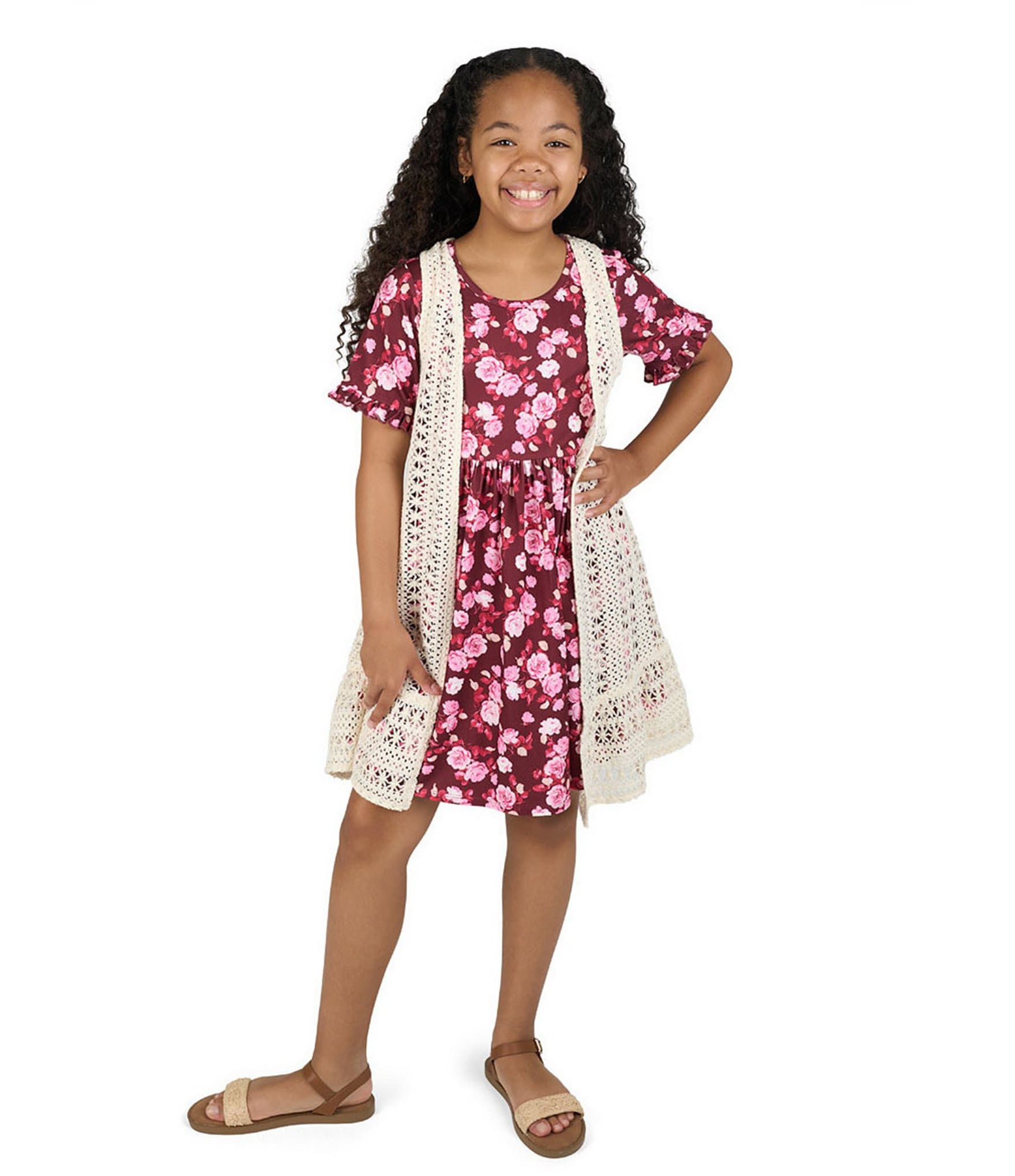 Rare Editions Big Girls Sleeveless Crocheted Cardigan & Short-Sleeve Floral-Printed Fit-And-Flare Dress Set